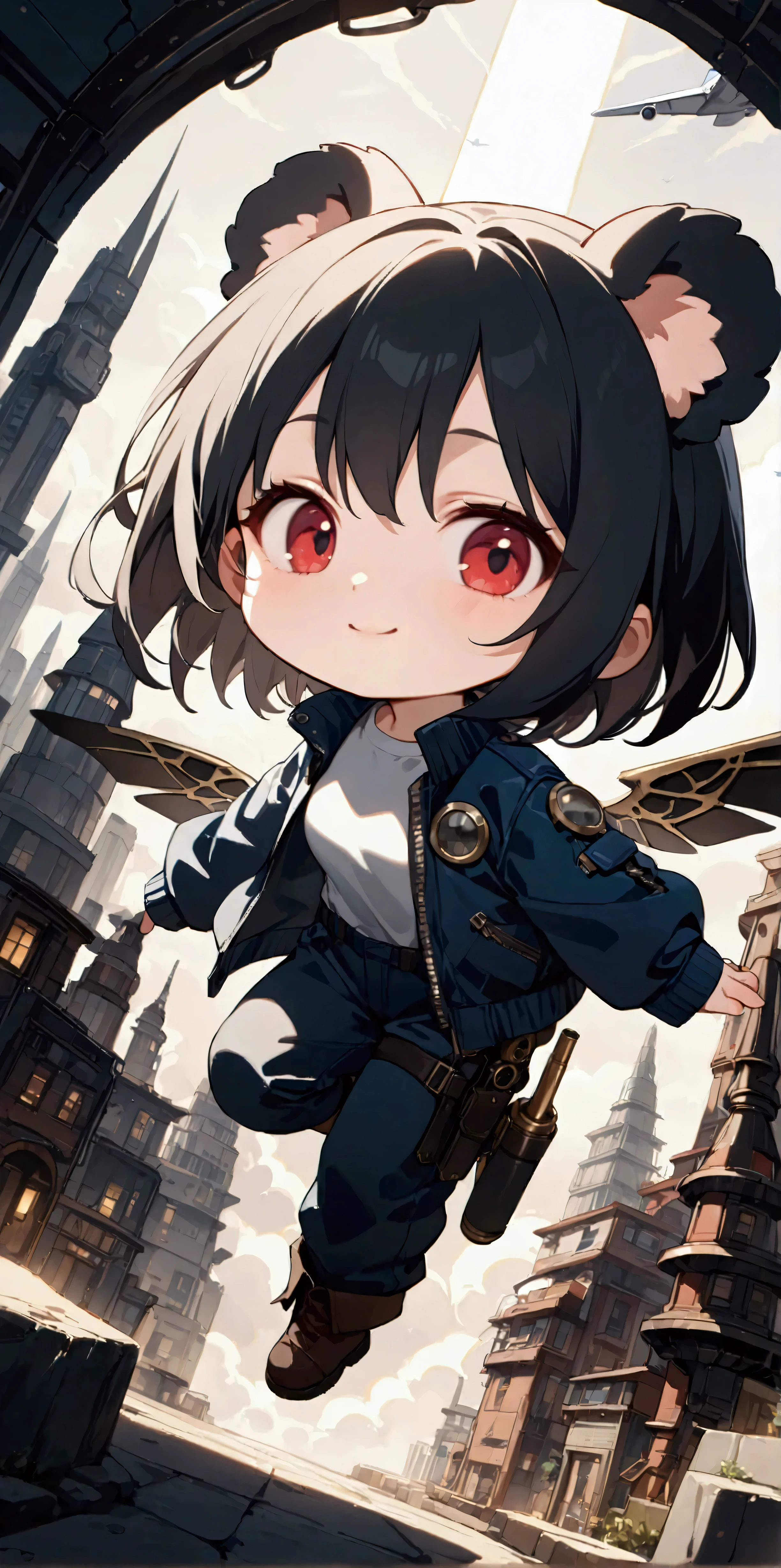 1girl\(big smile,cute,(chibi:1.4),big eyes,ruby eyes,(small Koala ears),hair\(short hair,black hair, inner colored blue\),(big wings\(clasical (steam-punk:1.2) mechanical wings\):1.2), (worn-out flight jacket:1.2), jumpsuit, leather short boots, holster at legs, dynamic pose,flying sky high\). dynamic angle,long shot. BREAK .background\(high altitude sky, futuristic aircrafts, futuristic towers,\). BREAK .quality\(8k,wallpaper of extremely detailed CG unit, high resolution, top-quality, top-quality real texture skin, hyper realistic, increase the resolution, RAW photos, best quality, highly detailed, the wallpaper, golden ratio, high saturation realism, vibrant colors, dramatic lighting, persuasive storytelling, atmospheric scenery, captivating visuals, intricate details, strong emotions, dreamlike world\)