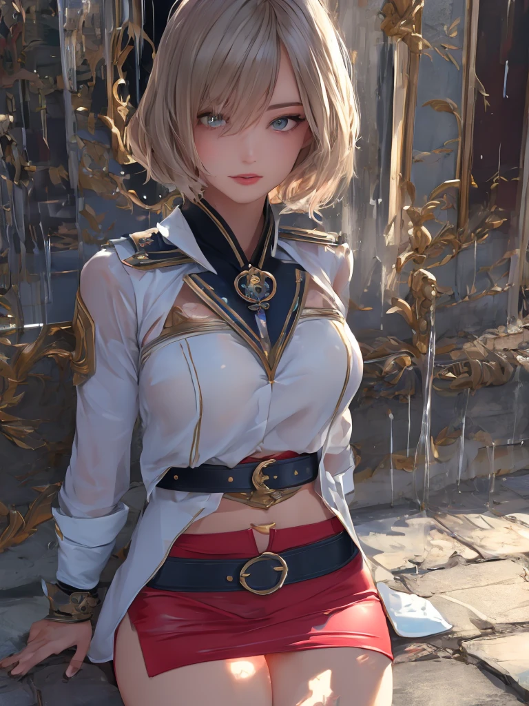 ultra sharp illustration, ultra detailed hair, detailed beautiful face, masterpiece, best quality, absurdres, perfect anatomy, (1girl, solo), good anatomy, Ashelia, short hair, translucent AsheliaOutfit, miniskirt, thighhighs, jewelry, belt, standing, cowboy shot, smile, dynamic pose, dynamic angle, outdoors, in a city, sunshine, best shadow, dripping wet transparent clothes, (sitting, spreading legs by hands), spread crotch by hands, spread_pussy, (spreading pussy by hands)