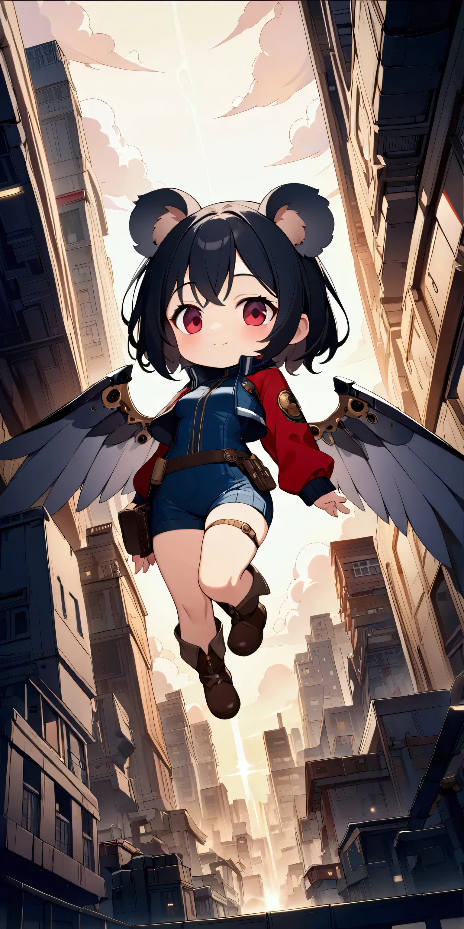 1girl\(big smile,cute,(chibi:1.4),big eyes,ruby eyes,(small Koala ears),hair\(short hair,black hair, inner colored blue\),(big wings\(clasical (steam-punk:1.2) mechanical wings\):1.2), (worn-out flight jacket:1.2), jumpsuit, leather short boots, holster at legs, dynamic pose,flying sky high\). dynamic angle,long shot. BREAK .background\(high altitude sky, futuristic aircrafts, futuristic towers,\). BREAK .quality\(8k,wallpaper of extremely detailed CG unit, high resolution, top-quality, top-quality real texture skin, hyper realistic, increase the resolution, RAW photos, best quality, highly detailed, the wallpaper, golden ratio, high saturation realism, vibrant colors, dramatic lighting, persuasive storytelling, atmospheric scenery, captivating visuals, intricate details, strong emotions, dreamlike world\)