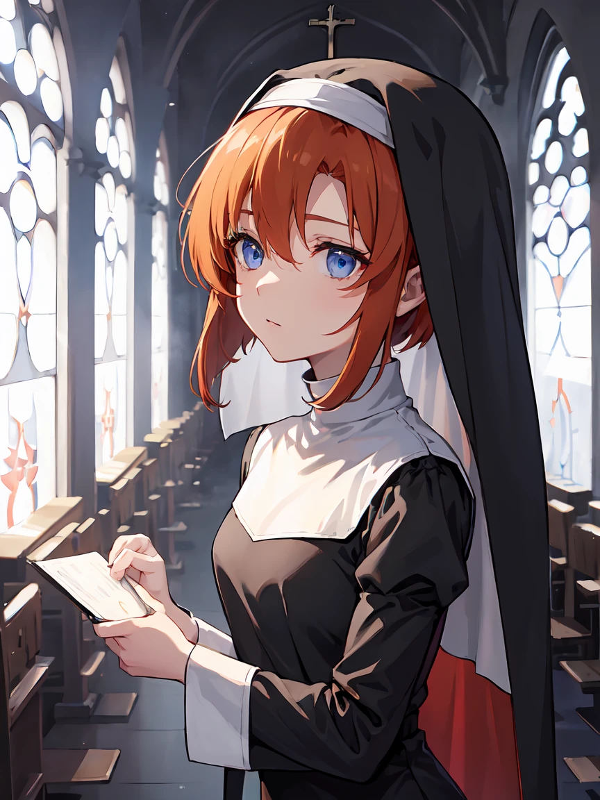 Def versia*, long sleeves, ((nun)), habit, nun, habit, dress, black dress, long dress, catholic , Rena Ryuuguu, orange hair, short hair, blue eyes, Dark Church、Candlelight、Silence、Solemn atmosphere、Mysterious、Dim lighting、Shading Enhancement