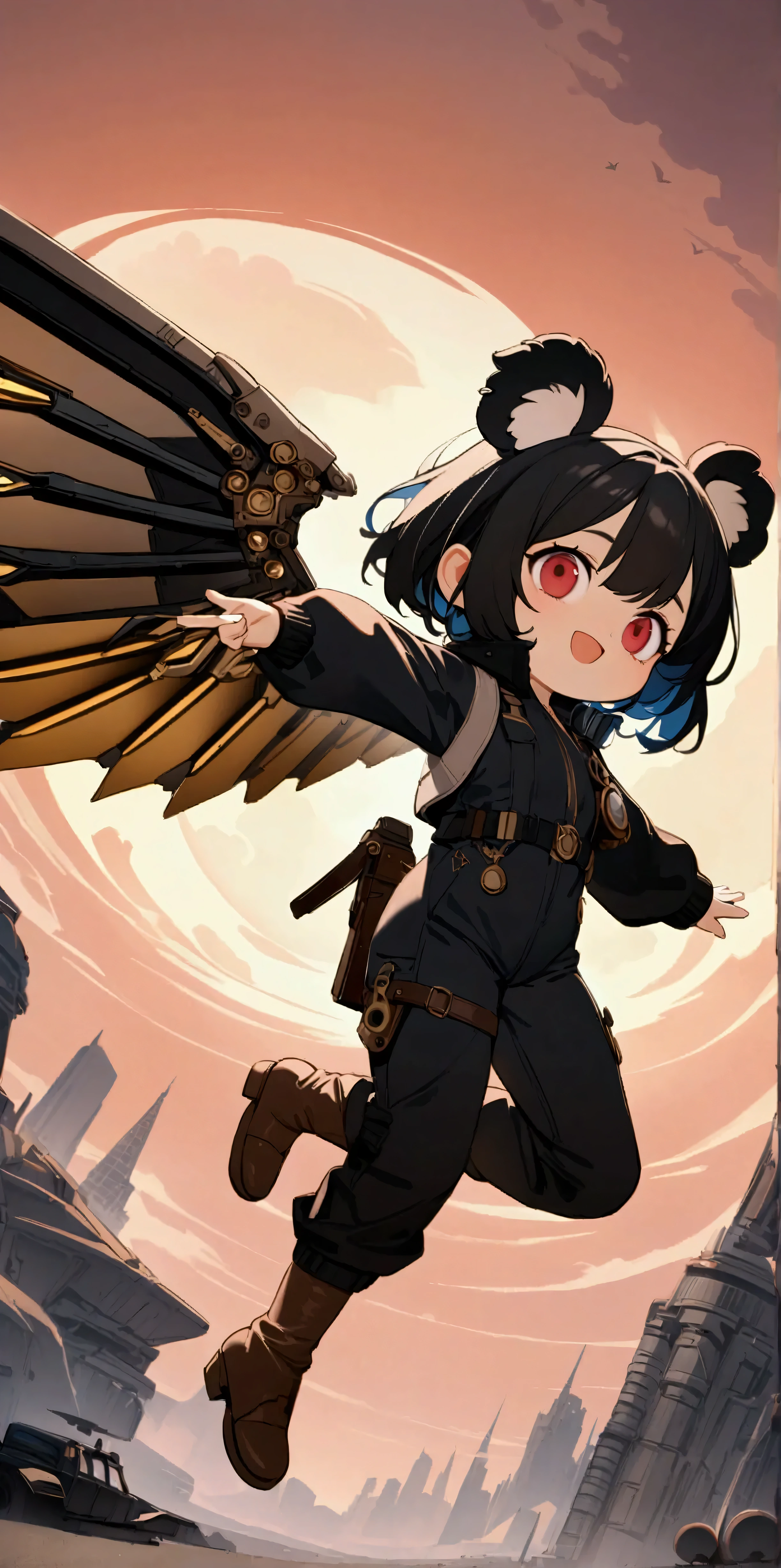 1girl\(big smile,cute,(chibi:1.2),big eyes,ruby eyes,(small Koala ears),hair\(short hair,black hair, inner colored blue\),(big wings\(clasical (steam-punk:1.2) mechanical wings\):1.2), (worn-out flight jacket:1.2), jumpsuit, leather short boots, holster at legs, dynamic pose,flying sky high\). dynamic angle,long shot. BREAK .background\(high altitude sky, futuristic aircrafts, futuristic towers,\). BREAK .quality\(8k,wallpaper of extremely detailed CG unit, high resolution, top-quality, top-quality real texture skin, hyper realistic, increase the resolution, RAW photos, best quality, highly detailed, the wallpaper, golden ratio, high saturation realism, vibrant colors, dramatic lighting, persuasive storytelling, atmospheric scenery, captivating visuals, intricate details, strong emotions, dreamlike world\)