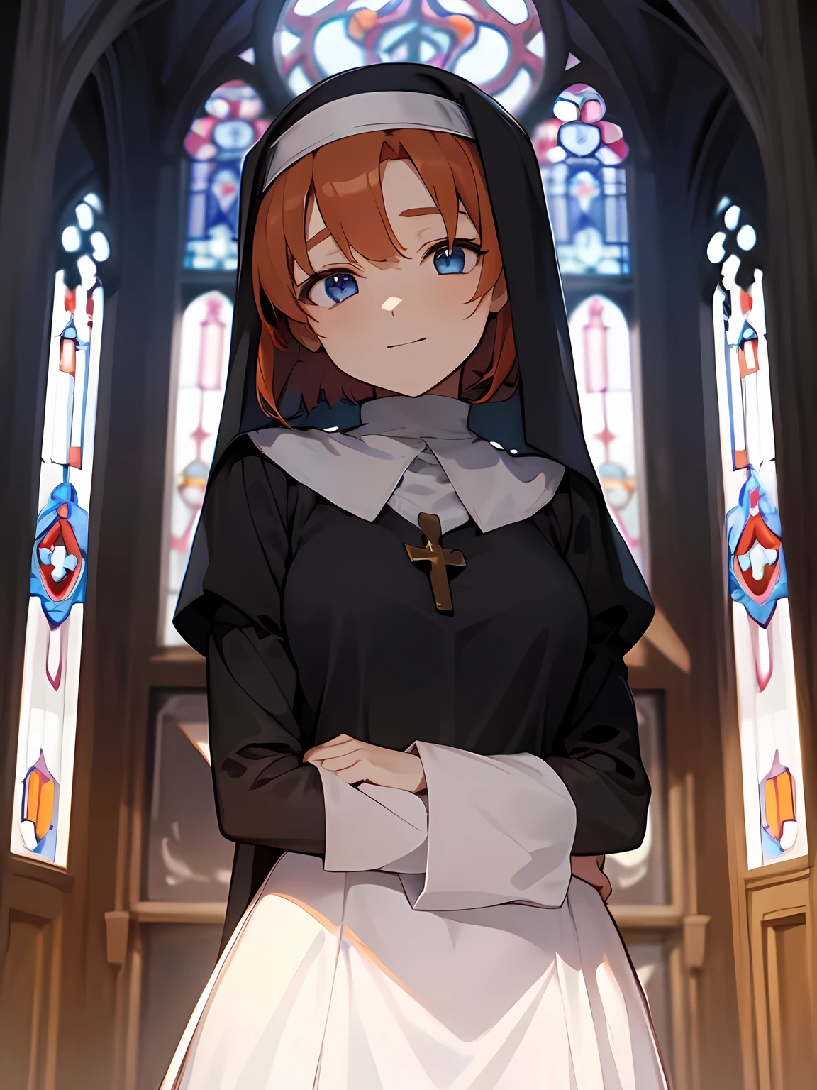 Def versia*, long sleeves, ((nun)), habit, nun, habit, dress, black dress, long dress, catholic , Rena Ryuuguu, orange hair, short hair, blue eyes,, Old Church、 Stained Glass、sacred、grace、Window with light shining through 、deep reverent expression 、Quiet Smile、 muted colors