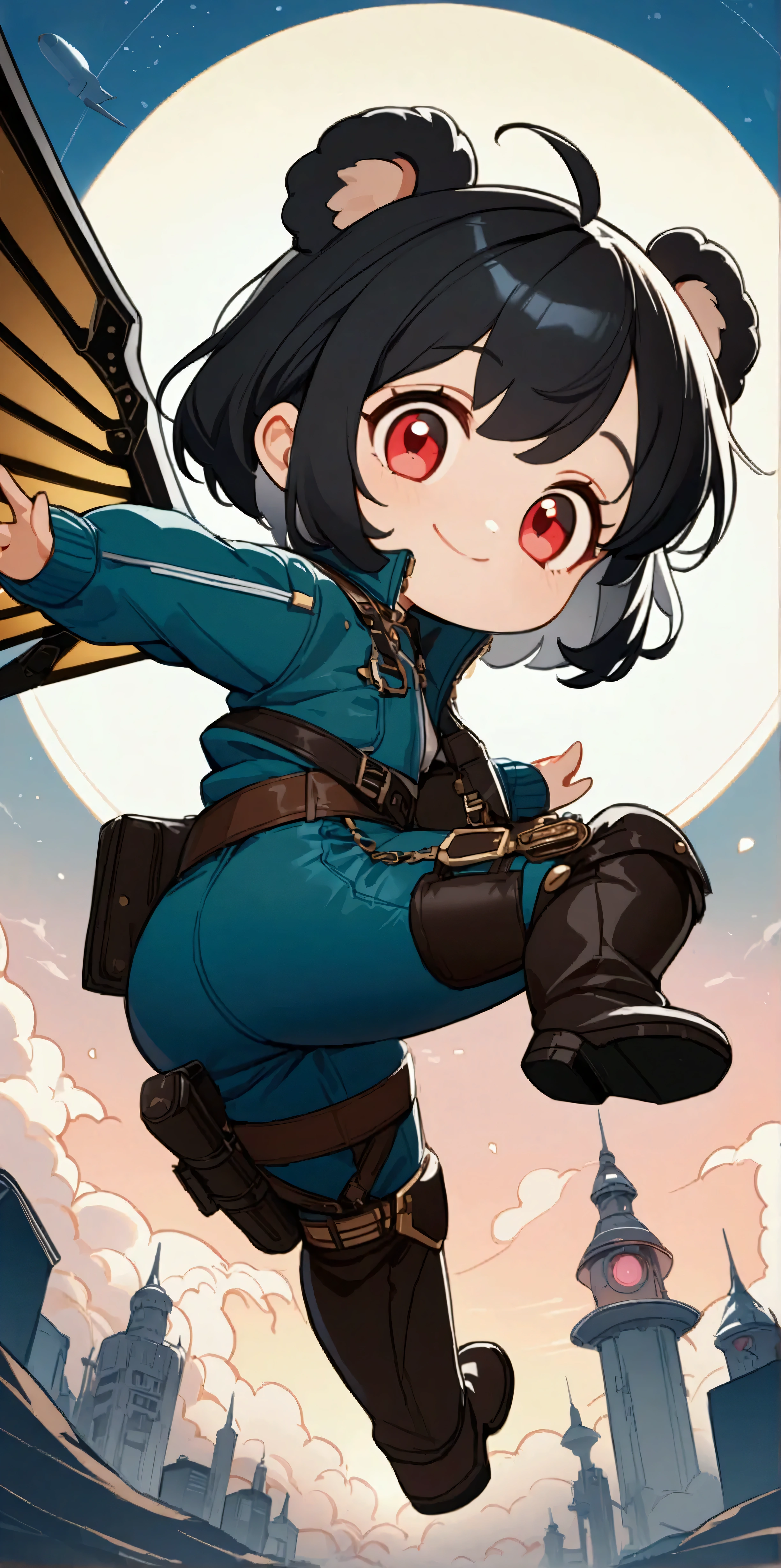 1girl\(big smile,cute,(chibi:1.2),big eyes,ruby eyes,(small Koala ears),hair\(short hair,black hair, inner colored blue\),(big wings\(clasical (steam-punk:1.2) mechanical wings\):1.2), (worn-out flight jacket:1.2), jumpsuit, leather short boots, holster at legs, dynamic pose,flying sky high\). dynamic angle,long shot. BREAK .background\(high altitude sky, futuristic aircrafts, futuristic towers,\). BREAK .quality\(8k,wallpaper of extremely detailed CG unit, high resolution, top-quality, top-quality real texture skin, hyper realistic, increase the resolution, RAW photos, best quality, highly detailed, the wallpaper, golden ratio, high saturation realism, vibrant colors, dramatic lighting, persuasive storytelling, atmospheric scenery, captivating visuals, intricate details, strong emotions, dreamlike world\)