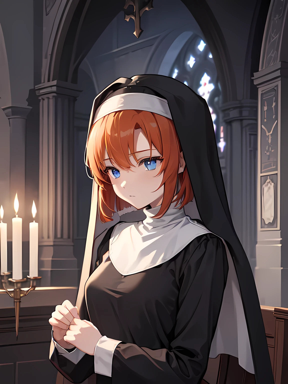 Def versia*, long sleeves, ((nun)), habit, nun, habit, dress, black dress, long dress, catholic , Rena Ryuuguu, orange hair, short hair, blue eyes, Dark Church、Candlelight、Silence、Solemn atmosphere、Mysterious、Dim lighting、Shading Enhancement
