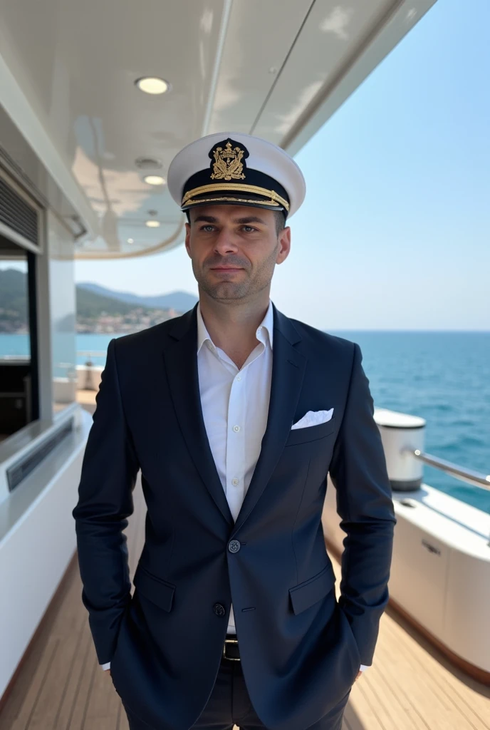 A stern GM42 handsome selfie in millionaire yacht, (age 30, rich costume, captain's hat), millionaire on his private yacht in Monaco