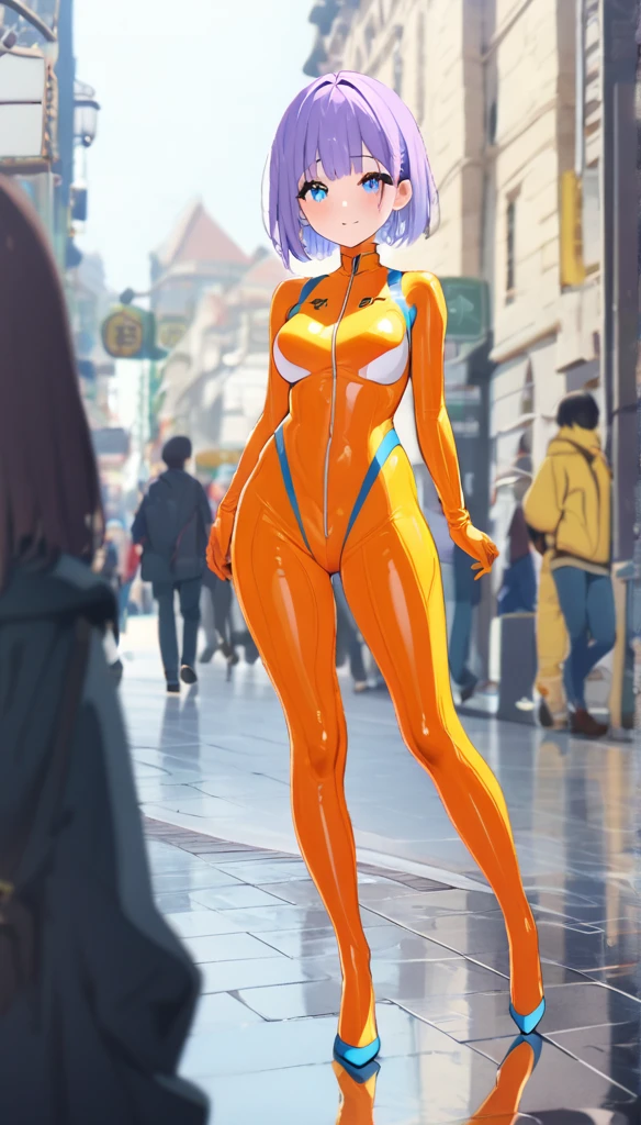 (Multiple girls),(最High image quality, 8k, masterpiece:1.3), (24 years old:1.5), (Grey Hair), ( bob cut ), (Oblique sky blue eyes), ((Full body enamel suit、blue、yellow line、no zipper 、 rubber suit、Gloss、reflection、Perfect fit、Full body shot、City、bustling street)), ([Ultra Clear:1.5), (Glossのある肌:1.1),(Pale skin:1.1),High image quality、Clear contours