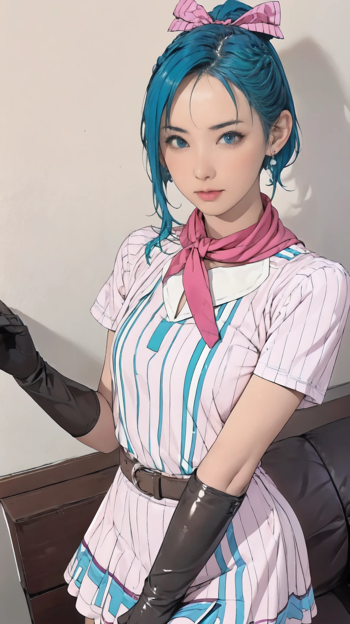 (masterpiece, highest quality), 1 girl, Bloomers, 1 girl, Alone, blue eyes , blue hair, aqua hair , single braid, braided ponytail, hair ribbon, red ribbon, hair bow, earrings,, Short dress, pink dress, Vertical striped dress, Short sleeve, belt, clothes writing, brown gloves , One-handed gloves, Purple scarf,