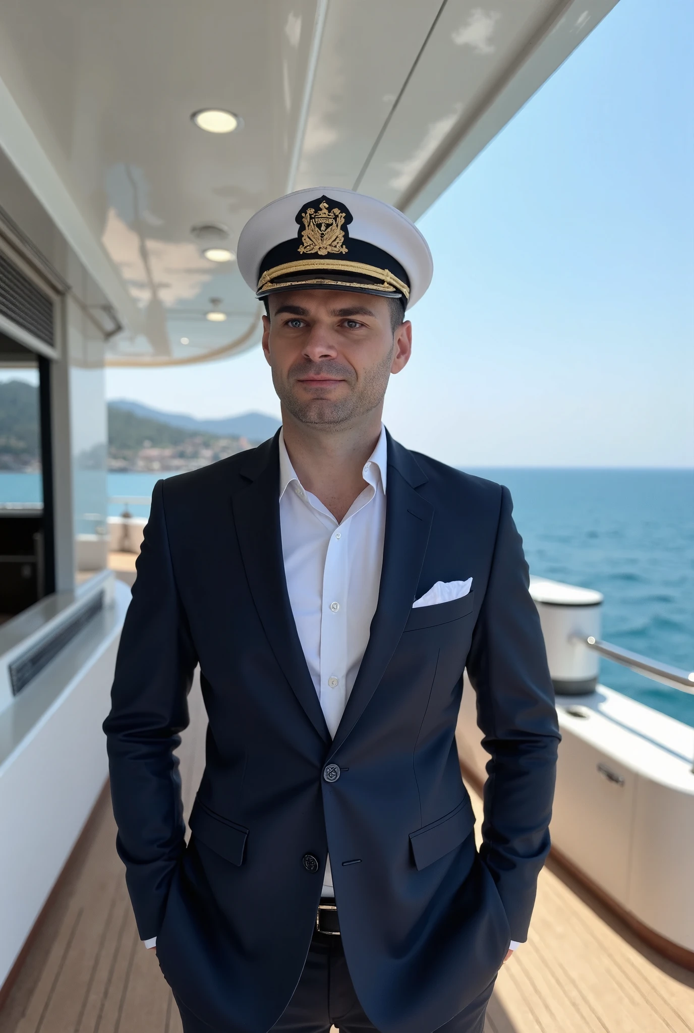 A stern GM42 handsome selfie in millionaire yacht, (age 30, rich costume, captain's hat), millionaire on his private yacht in Monaco