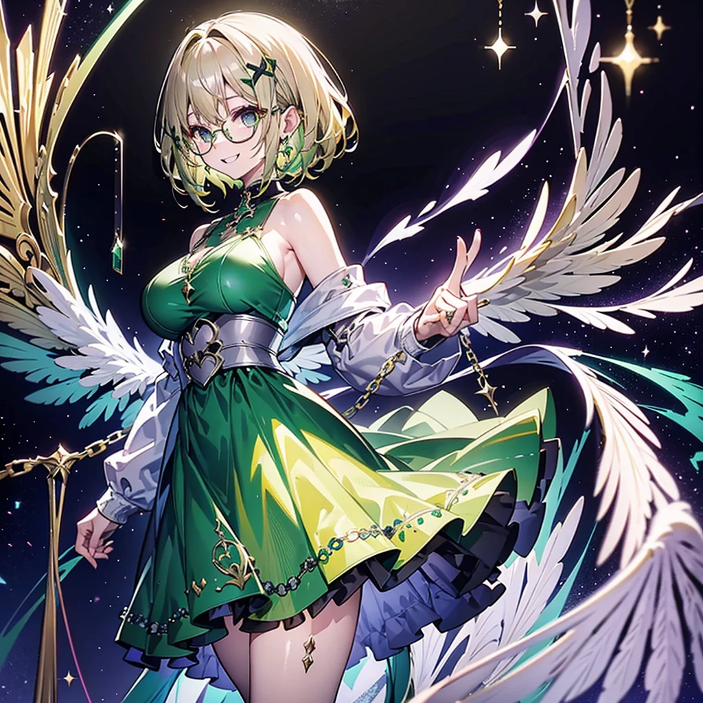  stand in front of green stained glass、Blonde、Strung silver chains 1 .3、black rimmed glasses 1.3、A big grin、long green battle dress、medium height 