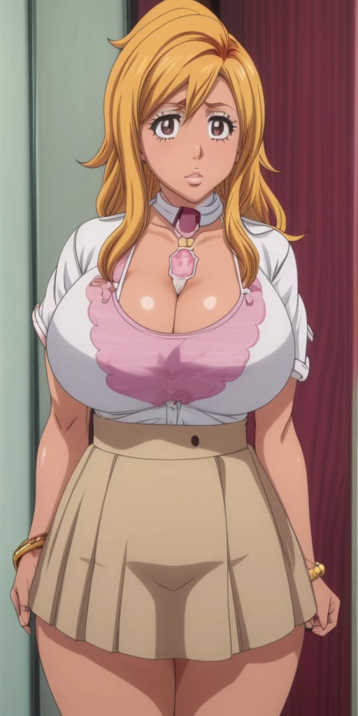 Orihime Inoue,Bleach artstyle,Big breast,Enchanted big breast,Tanned skin,Thick lips,Eyelash,heart shaped necklace,Circle piercing in lips,((((unbottoned White school shirt uniform)))),Cleavage,(((short gray skirt)))Curvy figure,Plump,Hoopa bracelet,Long nail,Side burn visible,look at viewer,(((yellow blond color hair))),((head facing front)),High quality,Highres,Humongous big breast,Ear visible,Big cleavage,light blush,Stud earring,A lot of piercing,Omitted Side locks hair,Symetrical breast,((Chocker)),Heart shape earring,Hyper Detail,TANNED SKIN,Brown Skin,((tanned Gyaru)),Crossing arm,Blunt bang,Messy wavy hair,Detailed lips,Colorless lips,puckered lips