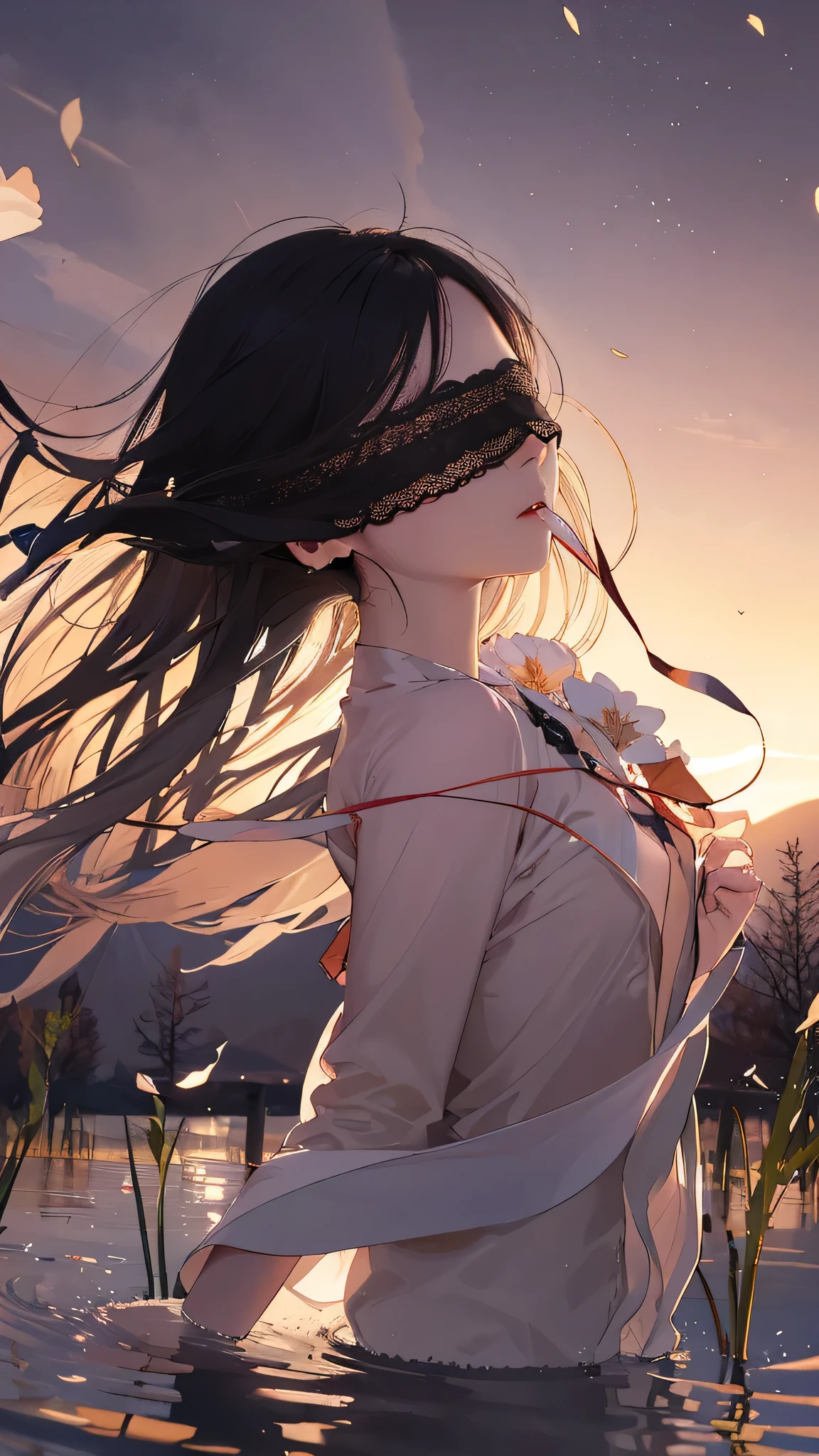 masterpiece,high quality,1girl,solo,long hair,black hair,(blindfold:1.1),jewelry,earrings,ray tracing,((breeze)),flying splashes,flying petals,wind,(water bloom),(delicate glow),
BREAK
(breeze),long Flowers meadow,((sunset)),(less stars form a circle),randomly distributed clouds,(rivers),(willows with branches falling into the water), turtle neck collar 