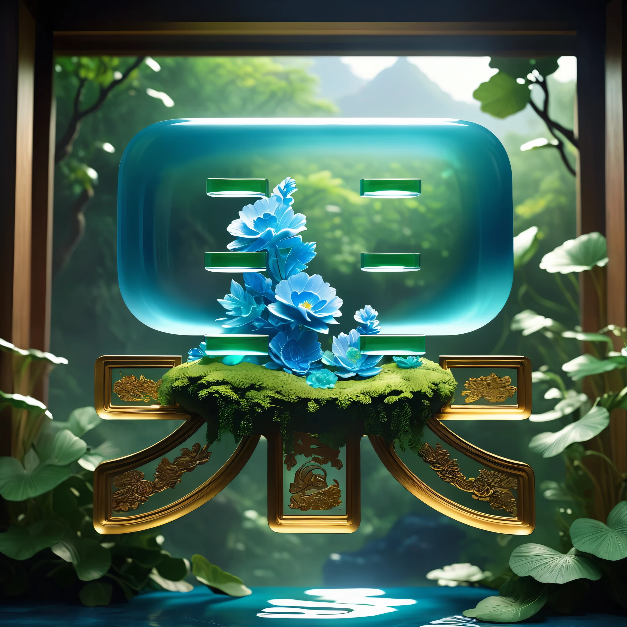 (Masterpiece, High Quality, Best Quality, Official Art, Aesthetic and Aesthetics:1.2),Carving,Product Photography,(Glass Bottle Surrounded by Jade Landscape:1.2),Ceramic Carved Glass Bottle,Transparent Water,Chinese 3D Landscape Painting Background,(Complex Carved Background),Chinese Song Dynasty Landscape Painting,Blue Theme,Surrealist Dream Style,Organic Fluids,Light Tracing,Colorful Flowers,Flower Foreground Occlusion,Natural Light,Jungle,c4d,OC rendering,