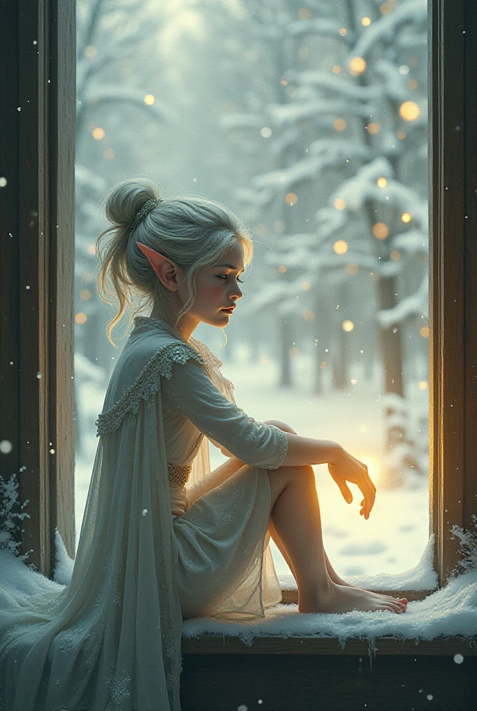 Illustration,"A lonely, fragile super cute elf (correct anatomy) full height, side view with white and silver hair in an intricate frosty outfit and a cloak with sparkling snowflakes sits on a snow-dusted windowsill, looking longingly at the warm golden light inside, while soft, powdery snowflakes continue to gently fall around her, creating a serene, mystical atmosphere, sparkles reminiscent of the whimsical style of Brian Froude, the graceful lines of Alan Lee and the charming, fabulous qualities of Kinuko Yu :1.5; 32k."