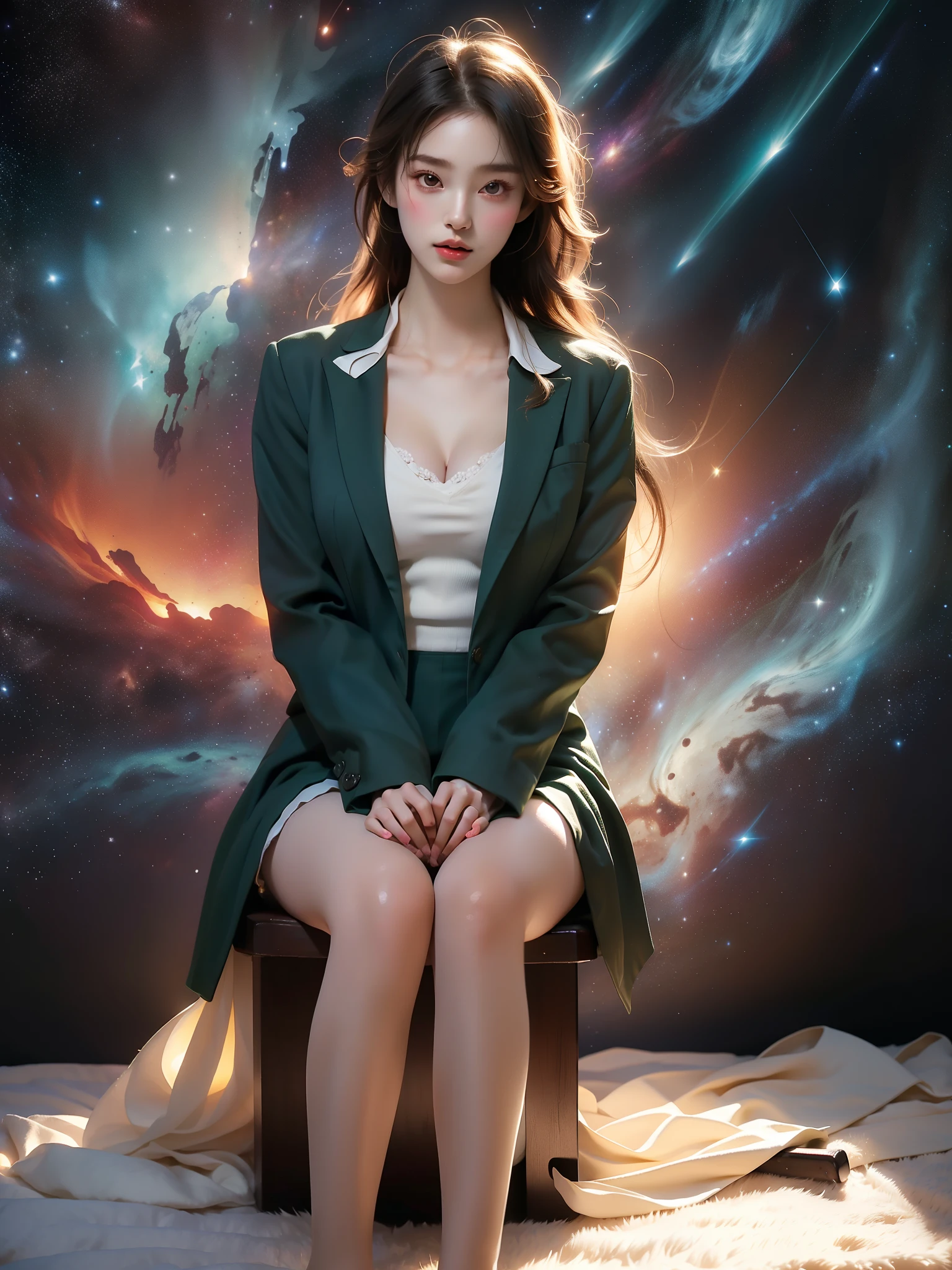 koichoko school uniform, green jacket , (((full body))), ((elegant sitting posture:1.4)), (relaxed natural pose:1.2), slightly bent knees, Seated with straight legs and slightly bent knees, graceful curves and elegant posture, (S-curve pose:1.3), (long slender legs), smooth and well-proportioned legs, ((perfect figure)), (plump chest), ((cleavage)), ((perfect body ratio)), (soft skin texture:1.2), sitting gracefully, ambient lighting, (night view:1.3), (galactic background:1.2), (stars:1.3), nebula, cosmic dust, starlight, cinematic composition, 8k, masterpiece, shallow depth of field, movie lighting, professional photography