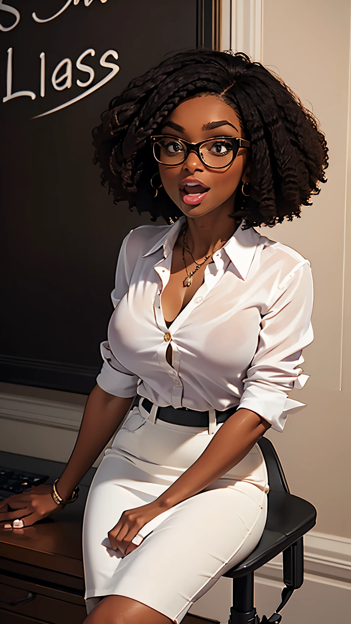 Solo, female, woman, dark skin, big glossy lips, dark brown hair, short hair, big glasses, white button down blouse, knee length black pencil skirt, cleavage, surprised, open mouth