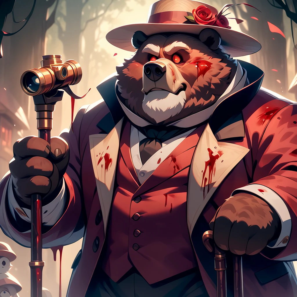 gentleman, Big overweight middle-aged bear man,  silk hat,Cane, Take a walk, Monoculars、 Brown Eyes , Male face, Big Face, Male Eyes ,Big Eyes, Male eyebrows, masterpiece,  highest quality,  so beautiful,Red eyes,Blood,horror art