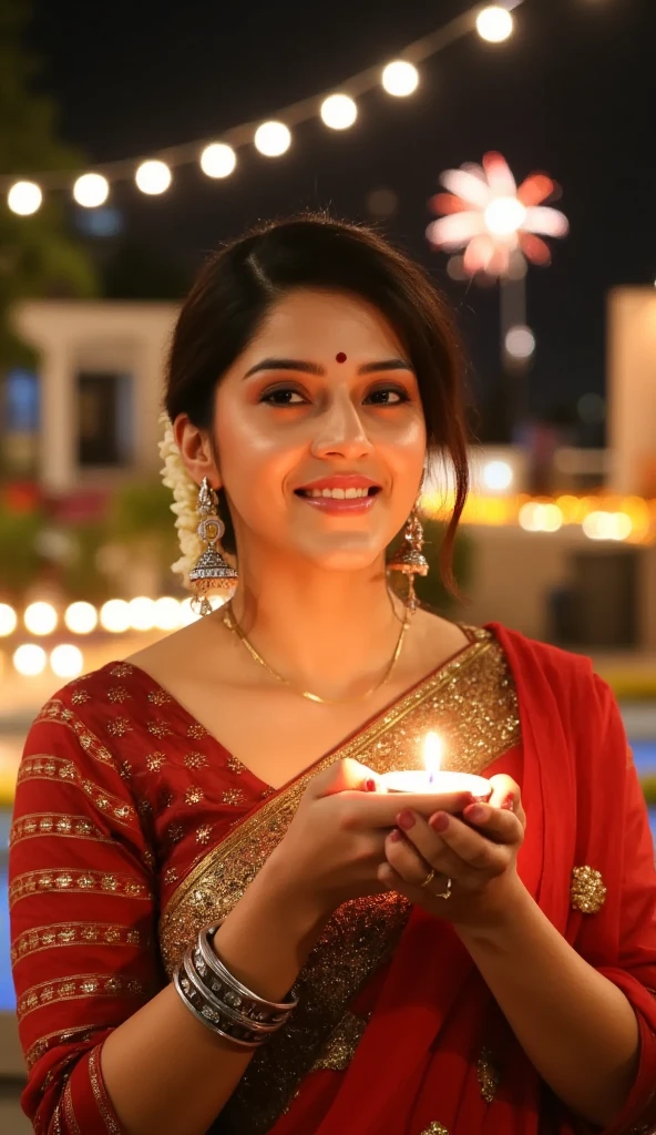 A close-up of a woman celebrating Deepawali at night, sharply focused and extremely detailed. She is wearing a traditional Indian saree, richly adorned with intricate patterns and shimmering embellishments in warm tones like red and gold. Her saree drapes elegantly around her, with pleats and borders finely crafted, and she has traditional jewelry like jhumka earrings, bangles, and a delicate nose ring. The woman’s expression is serene and joyful as she holds a diya in her cupped hands, its golden light casting a soft glow on her face, highlighting her gentle smile and expressive eyes lined with kajal. The background includes colorful rangoli designs, arranged diyas, and a few distant, subtle fireworks lighting up the night sky, all slightly blurred to maintain focus on her. The entire scene captures the essence of Deepawali with warmth, joy, and traditional beauty