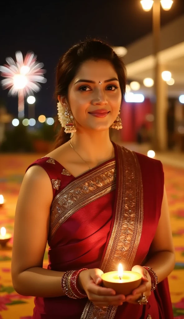 A close-up of a woman celebrating Deepawali at night, sharply focused and extremely detailed. She is wearing a traditional Indian saree, richly adorned with intricate patterns and shimmering embellishments in warm tones like red and gold. Her saree drapes elegantly around her, with pleats and borders finely crafted, and she has traditional jewelry like jhumka earrings, bangles, and a delicate nose ring. The woman’s expression is serene and joyful as she holds a diya in her cupped hands, its golden light casting a soft glow on her face, highlighting her gentle smile and expressive eyes lined with kajal. The background includes colorful rangoli designs, arranged diyas, and a few distant, subtle fireworks lighting up the night sky, all slightly blurred to maintain focus on her. The entire scene captures the essence of Deepawali with warmth, joy, and traditional beauty