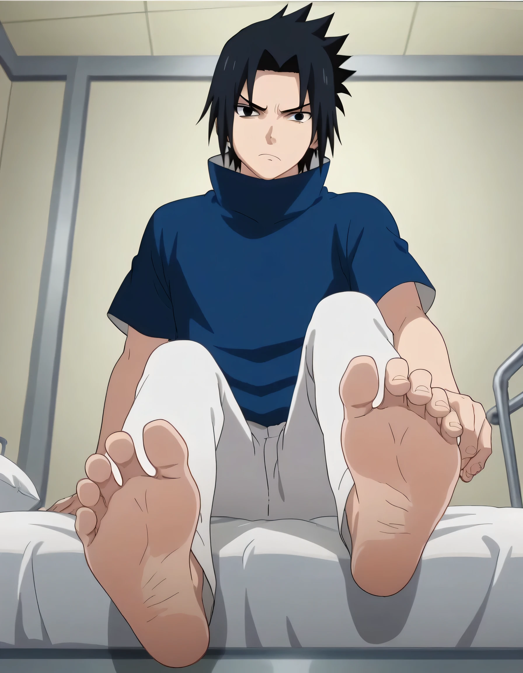 score_9, score_8_up, source_anime,
1boy, Sasuke Uchiha, black hair, short spiky hair, dark eyes, navy blue high-collar shirt, short sleeves, white trousers, alone, looking at viewer, serious expression, sitting in the bed, cowboy shot, ANIME SCREENCAP, anime coloring, in the hospital, barefoot, perfect feet, anatomically correct, soles, low angle, focal length 35mm, each foot has five toes, front, symmetrical soles, foot focus