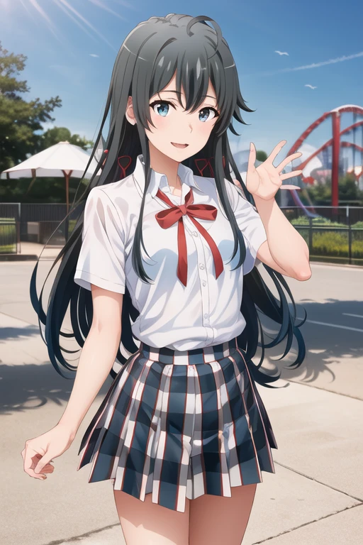 masterpiece, Best Quality,  high resolution, aayukino, Long Hair, Ahoge,   hair bow, clavicle, Neck ribbon,  white shirt, Short sleeve,  Plaid Skirt ,  reaching out, smile,  opens her mouth, amusement park,  standing 