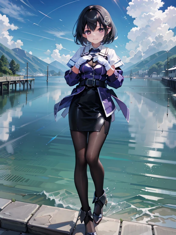 Haguro \(Kantai Collection\),  short hair,  Black Hair ,  Brown Eyes ,  Hair Ornament, Costume : uniform,  purple jacket,  Black Tie , White gloves, black belt,  Black Skirt ,   miniskirt in length,   Pencil Skirt ,   white pantyhose, Grey footwear,  High Heels ,
,  shy , Nose redness, (Heart Hands, Put your hands together:1)
Break Masterpiece, Best Quality,  high resolution, 8k, Official Art, Super detailed,  super resolution ,  very detailed and beautiful,  very detailed,  wonderful、 detailed, 非常に detailed美しい***,  high definition face,  detailed目, High definition skin,  high resolutionの指, 非常に detailed鼻,  detailed口, Perfect Anatomy BREAK Full Body Shot, Contrasting, On the Sea, On the water, bright, scenery,  very detailed CG unity 16k,  Very Detailed 16KCG Wallpaper , big chest