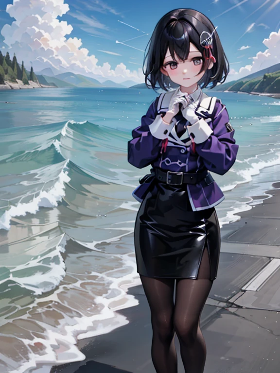 Haguro \(Kantai Collection\),  short hair,  Black Hair ,  Brown Eyes ,  Hair Ornament, Costume : uniform,  purple jacket,  Black Tie , White gloves, black belt,  Black Skirt ,   miniskirt in length,   Pencil Skirt ,   white pantyhose, Grey footwear,  High Heels ,
,  shy , Nose redness, (Heart Hands, Put your hands together:1)
Break Masterpiece, Best Quality,  high resolution, 8k, Official Art, Super detailed,  super resolution ,  very detailed and beautiful,  very detailed,  wonderful、 detailed, 非常に detailed美しい女の子,  high definition face,  detailed目, High definition skin,  high resolutionの指, 非常に detailed鼻,  detailed口, Perfect Anatomy BREAK Full Body Shot, Contrasting, On the Sea, On the water, bright, scenery,  very detailed CG unity 16k,  Very Detailed 16KCG Wallpaper , big chest