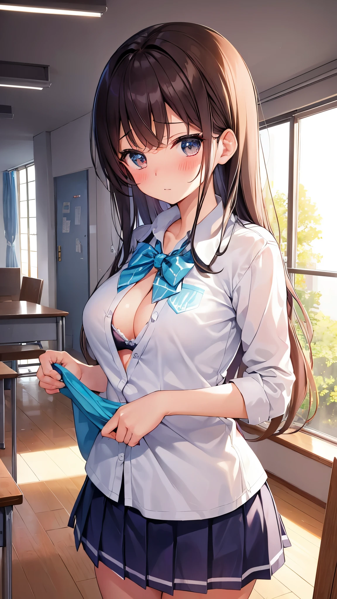 大きな胸を持つアニメの girlが部屋でポーズをとっている 1 girl in, masterpiece, Higher quality  ,  girl,  view viewer , ((She lifted her shirt)), At the office, Show me your bra,  Light from Above, (( blushing )), School, indoor, Shabby room