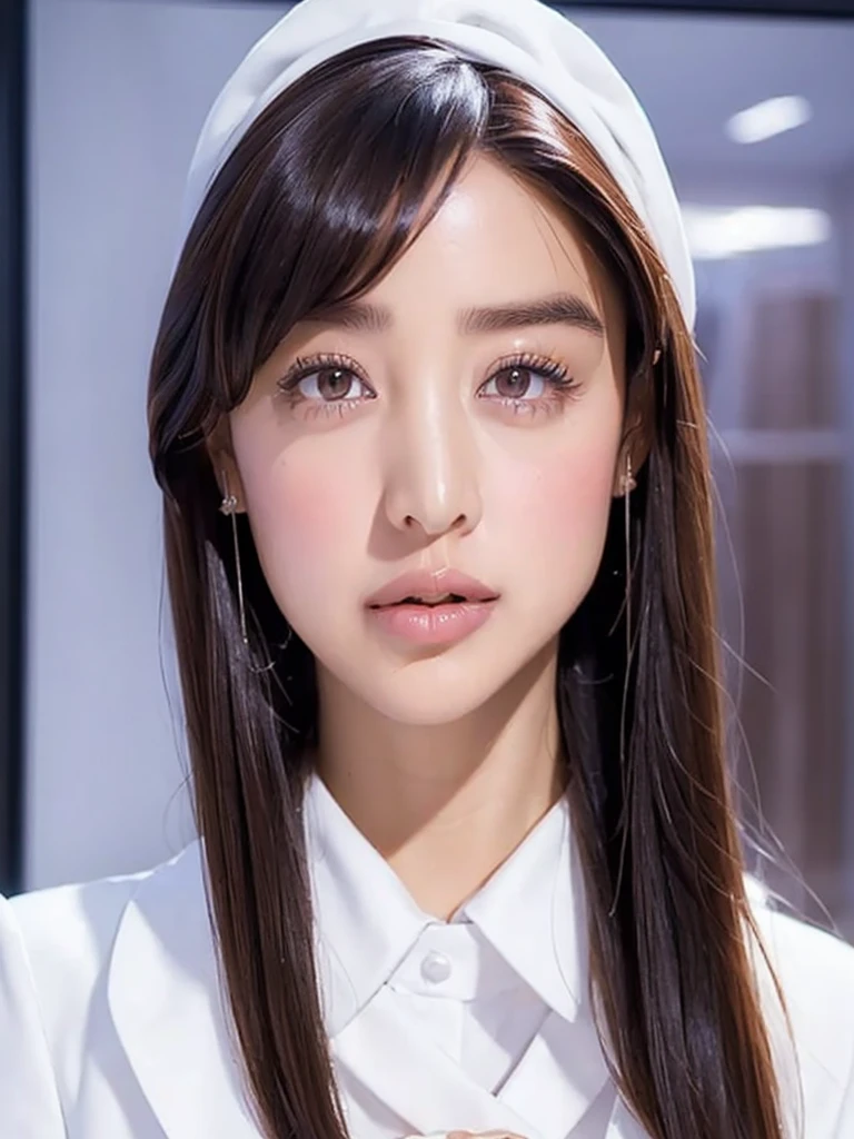 Young woman、　Highest quality、　 high definition face、　High-definition body、　Medium-long hairstyle、　((Brown Hair Color：1.5))、　Detailed eyelashes、　Detail lips、　 detailed eyes、　((Wear a white ladies suit:1.4))、　Beautiful bust、　Black brown eyes、　((ID photo:1.6))、　((Private hotel bedroom:1.3))、　Fashion model appearance、　(one girl:1.3)、　( solo girl :1.3)、　(Solo Female)、　(One woman)、　(Close your lips:1.6)、　((Portrait photography:1.4))、