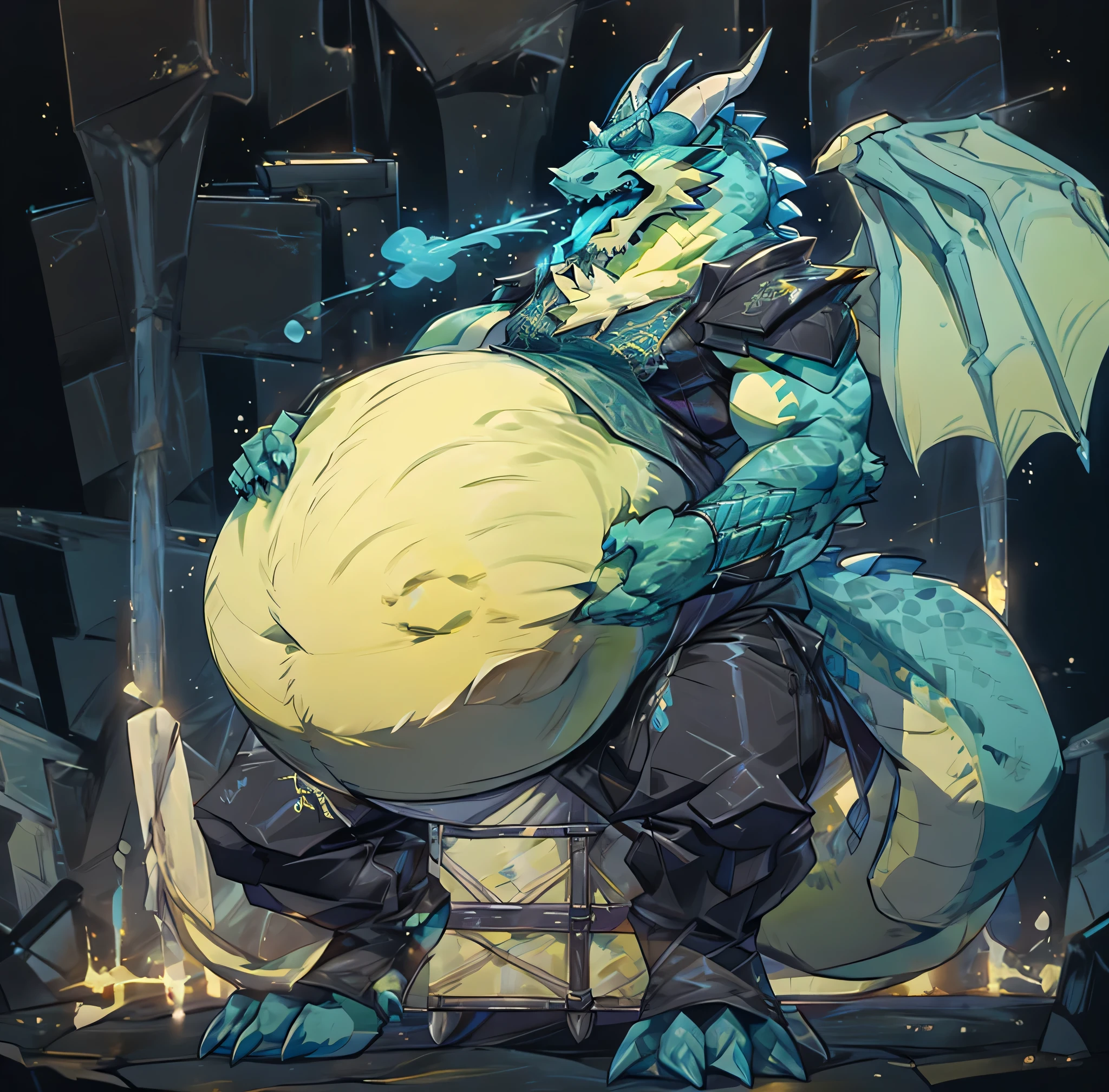 Furry, dragon, big belly, fat, cyan belly, blue skin, cyan chest, single horn, black horn, pointy horn, vore, squirmy belly, belching, drumming on belly, hand on belly