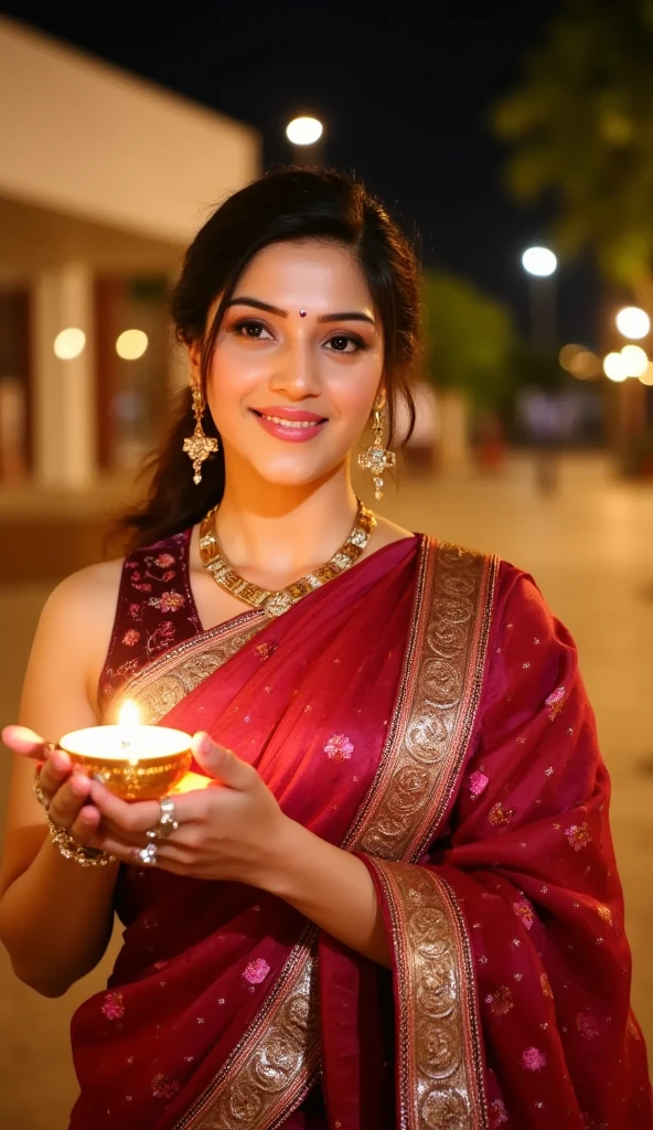 A close-up of a woman celebrating Deepawali at night, sharply focused and extremely detailed. She is wearing a traditional Indian saree, richly adorned with intricate patterns and shimmering embellishments in warm tones like red and gold. Her saree drapes elegantly around her, with pleats and borders finely crafted, and she has traditional jewelry like jhumka earrings, bangles, and a delicate nose ring. The woman’s expression is serene and joyful as she holds a diya in her cupped hands, its golden light casting a soft glow on her face, highlighting her gentle smile and expressive eyes lined with kajal. The background includes colorful rangoli designs, arranged diyas, and a few distant, subtle fireworks lighting up the night sky, all slightly blurred to maintain focus on her. The entire scene captures the essence of Deepawali with warmth, joy, and traditional beauty