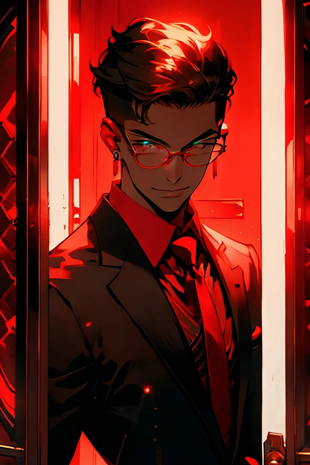 ( red theme,  red gradient,:1.2)  redshift, red, one,  look at the audience ,  Smile, Short hair, shirt,  dark hair, 1 boy, Jewelry, jacket,   upper body , male focus, earrings, tie,  glasses, colla red shirt, Luminous, formal, Set,  red tie, Luminous eyes, Mirror, Door, open Door, Doorway, opening Door   