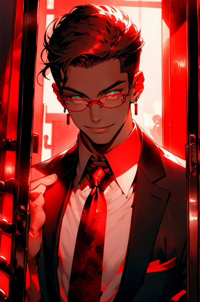 ( red theme,  red gradient,:1.2)  redshift, red, one,  look at the audience ,  Smile, Short hair, shirt,  dark hair, 1 boy, Jewelry, jacket,   upper body , male focus, earrings, tie,  glasses, colla red shirt, Luminous, formal, Set,  red tie, Luminous eyes, Mirror, Door, open Door, Doorway, opening Door   