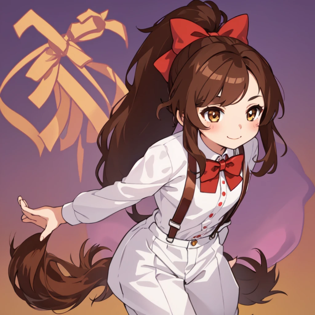 1girl, blush, border, bow, bowtie, brown eyes, brown hair, closed mouth, hair bow, long hair, looking at viewer, ponytail, portrait, purple background, red bow, red bowtie, shirt, smile, solo, suspenders, white border, white shirt, chibi, sekai, official art solo, full body