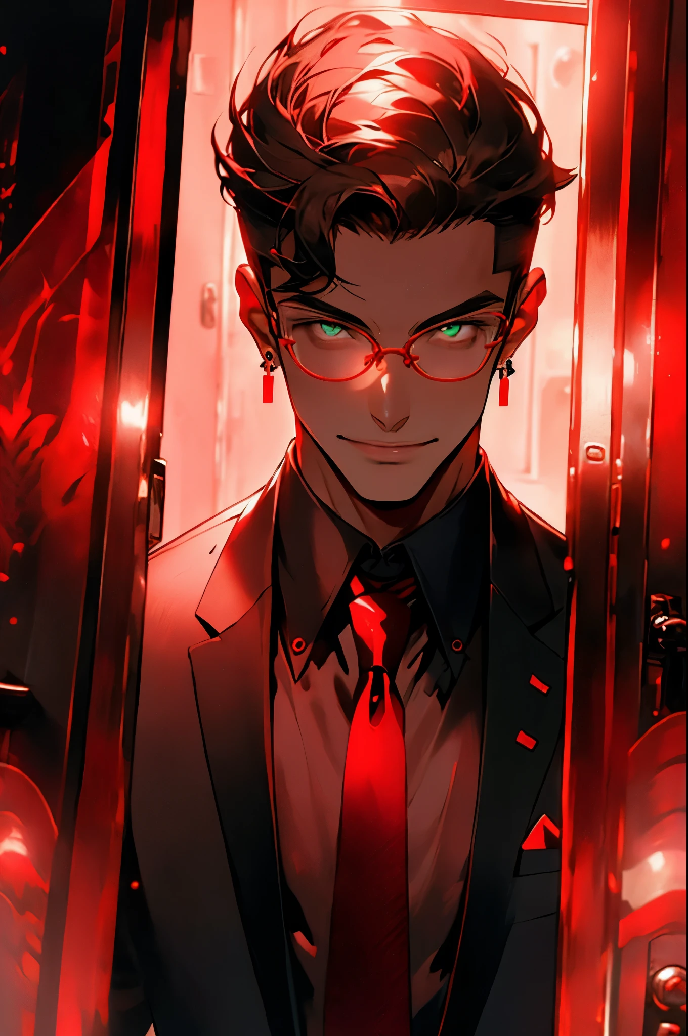 ( red theme,  red gradient,:1.2)  redshift, red, one,  look at the audience ,  Smile, Short hair, shirt,  dark hair, 1 boy, Jewelry, jacket,   upper body , male focus, earrings, tie,  glasses, colla red shirt, Luminous, formal, Set,  red tie, Luminous eyes, Mirror, Door, open Door, Doorway, opening Door   