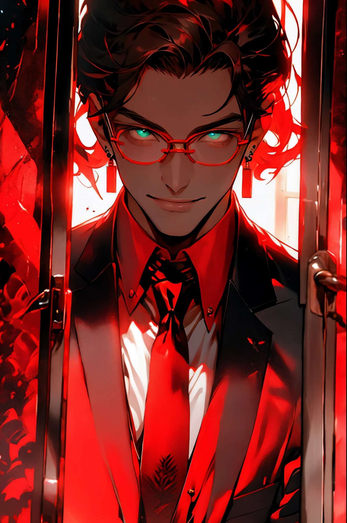 ( red theme,  red gradient,:1.2)  redshift, red, one,  look at the audience ,  Smile, Short hair, shirt,  dark hair, 1 boy, Jewelry, jacket,   upper body , male focus, earrings, tie,  glasses, colla red shirt, Luminous, formal, Set,  red tie, Luminous eyes, Mirror, Door, open Door, Doorway, opening Door   