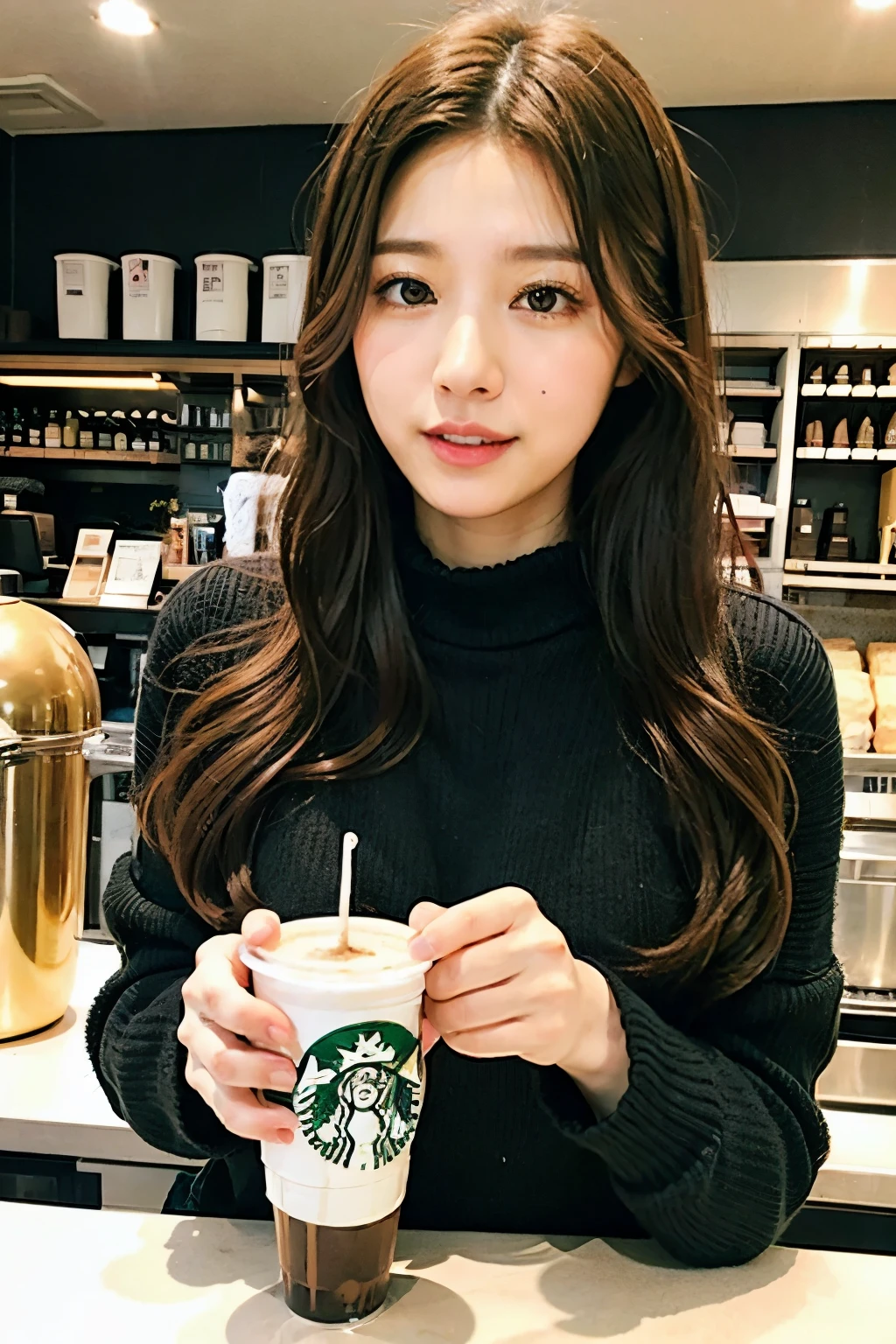 1 girl, Alone, Long Hair, Golden Hair, Curly Hair, Black knit, good, Starbucks,Cafe, Realistic