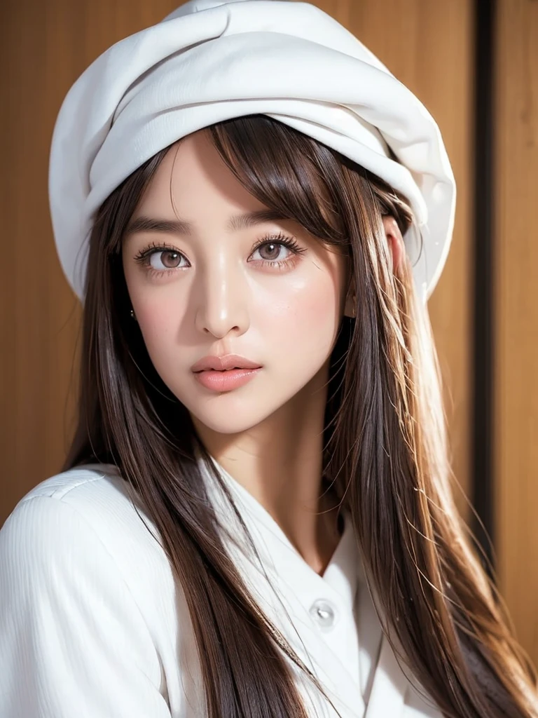 Young woman、　Highest quality、　 high definition face、　High-definition body、　Medium-long hairstyle、　((Brown Hair Color：1.5))、　Detailed eyelashes、　Detail lips、　 detailed eyes、　((Wear a white ladies suit:1.4))、　Beautiful bust、　Black brown eyes、　((ID photo:1.6))、　((Private hotel bedroom:1.3))、　Fashion model appearance、　(one girl:1.3)、　( solo girl :1.3)、　(Solo Female)、　(One woman)、　(Close your lips:1.6)、　((Portrait photography:1.4))、