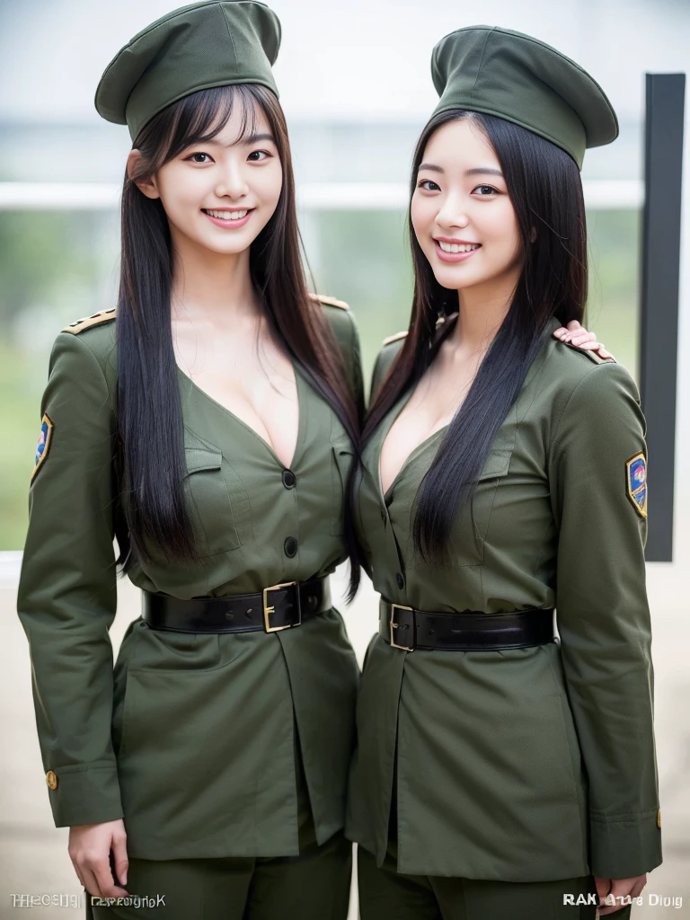 ( cute and beautiful Korean female soldier duo standing side by side to guard:1.3)(Grinning expression:1.2)(20 years old:1.3)(Huge , There is cleavage in the chest:1.2),(Sweating profusely)(Huge boobs)( elegant and shiny long black hair :1.2))(8k,  RAW Photos, Best Quality, masterpiece: 1.2), high resolution RAW color pictures ,  professional photos, very detailed and beautiful,(she&#39;She&#39;s very skinny but has big breasts:1.4), Small face:1.Perfect anatomy、(Huge breasts that make your clothes burst: 0.9) (Huge胸 :1.4)(Classy makeup, eyeliner / eyeshadow,lipstick,Fair skin,Beautiful Skin)(Full body photo:1.1)(Shiny Hair:12)(lipstick:1.1)(uniform:1.2)(Sexy Korean Women:1.2)(Military trains:1.1))(Group photo of female army women :1.2)(All beautiful girls:1.2)