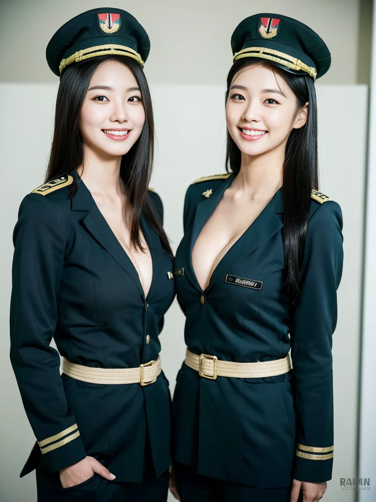 ( cute and beautiful Korean female soldier duo standing side by side to guard:1.3)(Grinning expression:1.2)(20 years old:1.3)(Huge , There is cleavage in the chest:1.2),(Sweating profusely)(Huge boobs)( elegant and shiny long black hair :1.2))(8k,  RAW Photos, Best Quality, masterpiece: 1.2), high resolution RAW color pictures ,  professional photos, very detailed and beautiful,(she&#39;She&#39;s very skinny but has big breasts:1.4), Small face:1.Perfect anatomy、(Huge breasts that make your clothes burst: 0.9) (Huge胸 :1.4)(Classy makeup, eyeliner / eyeshadow,lipstick,Fair skin,Beautiful Skin)(Full body photo:1.1)(Shiny Hair:12)(lipstick:1.1)(uniform:1.2)(Sexy Korean Women:1.2)(Military trains:1.1))(Group photo of female army women :1.2)(All beautiful girls:1.2)