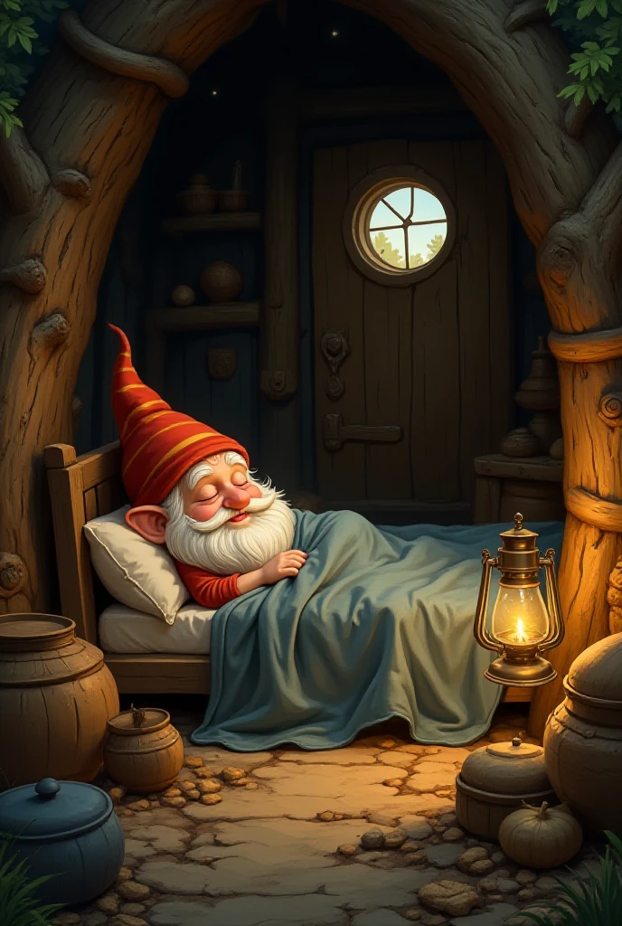 Illustration, digital painting depicts a very cute gnome sleeping in a cozy interior in the hollow of a giant tree. The gnome has a white beard, pink cheeks, closed eyes and a gentle smile, resting on an old wooden bed. He is wearing a bright red striped hat, a fluffy white beard and a gray-blue blanket. To the right of the gnome is an old-fashioned lantern with a glass body emitting an amber light, creating a warm lighting for the whole scene. In the background is a shabby wooden door with noticeable patterns and knots, secured with iron hinges and small metal brackets. A small round window with a grate lets in soft natural rays of light. wooden barrels, pots, dishes,