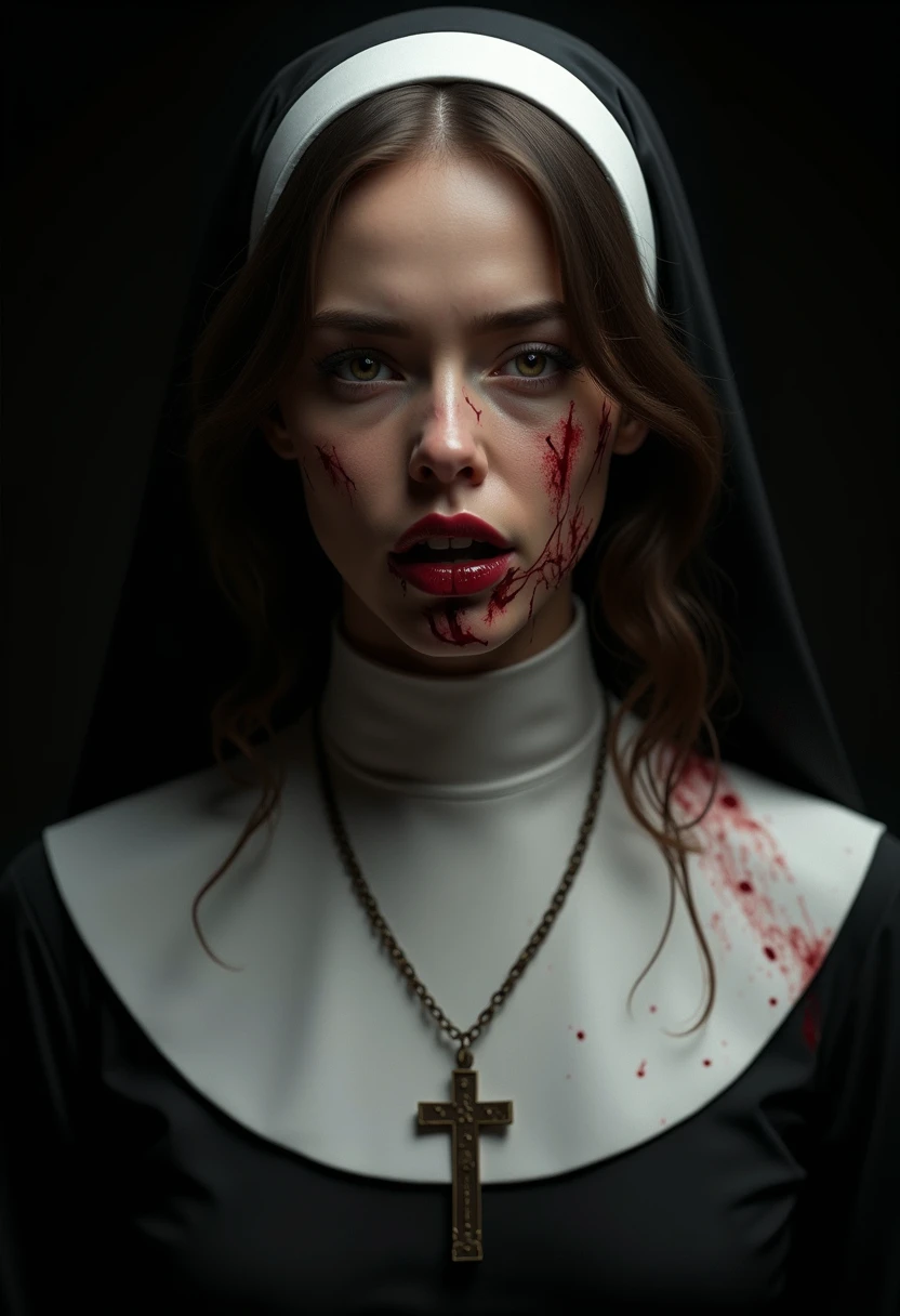 1girl, solo, breasts, realistic, blood, nun, brown_hair, habit, medium_breasts, lips, cross, upper_body, brown_eyes, blood_on_face, teeth, (best quality,4k,8k,highres,masterpiece:1.2),ultra-detailed,(realistic,photorealistic,photo-realistic:1.37),portrait,dramatic lighting,chiaroscuro,dark,moody,cinematic