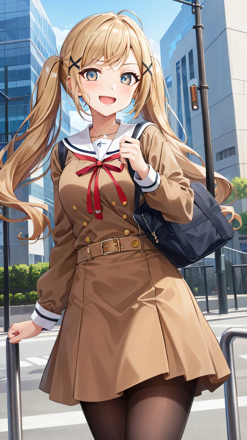 {{{masterpiece}}}, (best quality:1.5), (ultra-detailed:1.5), {illustration}, {{an extremely delicate and beautiful}}, (beautiful detailed eyes:1.6), absurdres, highres, extremely detailed face, 16k, hd, visual anime de uma jovem mulher, extremamente bonito rosto de anime, anime melhor garota, (perfect hands, perfect anatomy), anime face, Arisa Ichigaya(BanG Dream!), 1girl, solo, cute face, long hair, blonde hair, twintails, bangs, x hair ornament, (brown eyes:1.3), medium breasts, thin waist, big hips, curvaceous, BREAK, {school uniform}, {Hanasakigawa Girls' Academy High School Uniform(Winter clothes)}, neck ribbon, red ribbon, brown dress, white sailor collar, brown shirt, double-breasted, long sleeves, brown skirt, mini skirt, black pantyhose, loafers, brown footwear, BREAK, open mouth, smiling, flushed cheeks, walking, flushed cheeks, looking at viewer, outdoor, city, building, sky, daytime, cowboy shot