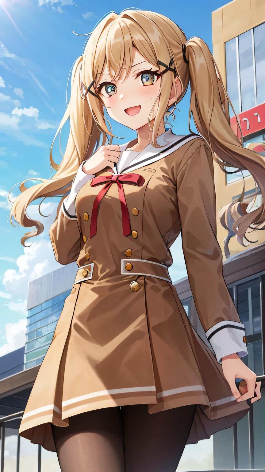 {{{masterpiece}}}, (best quality:1.5), (ultra-detailed:1.5), {illustration}, {{an extremely delicate and beautiful}}, (beautiful detailed eyes:1.6), absurdres, highres, extremely detailed face, 16k, hd, visual anime de uma jovem mulher, extremamente bonito rosto de anime, anime melhor garota, (perfect hands, perfect anatomy), anime face, Arisa Ichigaya(BanG Dream!), 1girl, solo, cute face, long hair, blonde hair, twintails, bangs, x hair ornament, (brown eyes:1.5), medium breasts, thin waist, big hips, curvaceous, BREAK, {school uniform}, {Hanasakigawa Girls' Academy High School Uniform(Winter clothes)}, neck ribbon, red ribbon, brown dress, white sailor collar, brown shirt, double-breasted, long sleeves, brown skirt, mini skirt, black pantyhose, loafers, brown footwear, BREAK, open mouth, smiling, flushed cheeks, walking, flushed cheeks, looking at viewer, outdoor, city, building, sky, daytime, cowboy shot