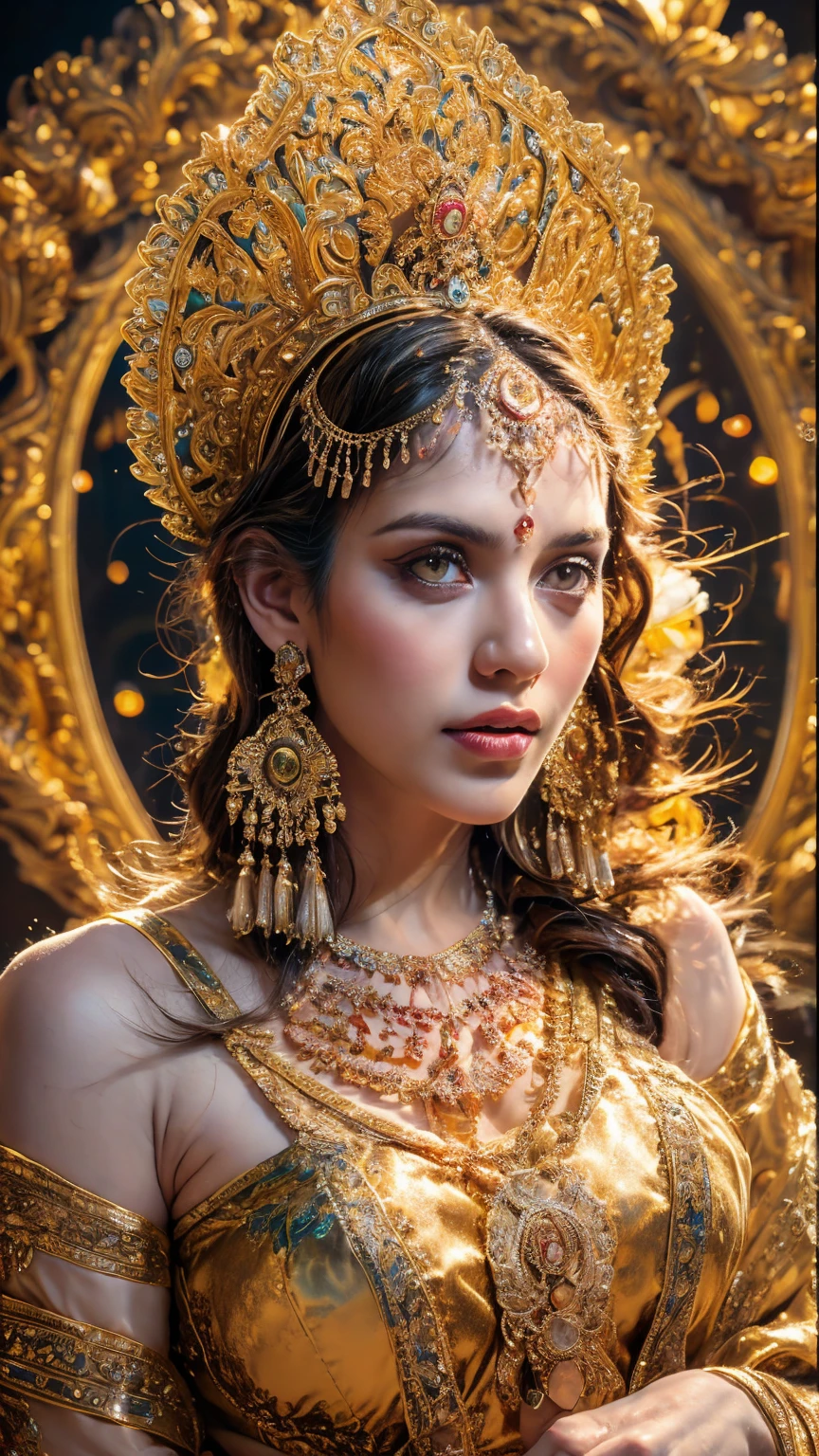 ((Best quality, 8k, Masterpiece :1.3)), Sharp focus :1.2, Generate a realistic image of a beautiful sexy Indian woman plus size body: 8.5, dressed in a white Kasava ghagara and print bra, adorned with traditional ornaments, standing in a well-lit room with cinematic lighting. ((Front view, random elegant pose)), and there is a sense of grace and elegance in her posture. The background should complement the scene, enhancing the overall aesthetic appeal of the image. Photography by Brandon Woelfel, Full shot: Canon EF 16-35mm f/2.8L III USM lens on a Canon EOS 9D Mark IV camera, ultra realistic, k, HD