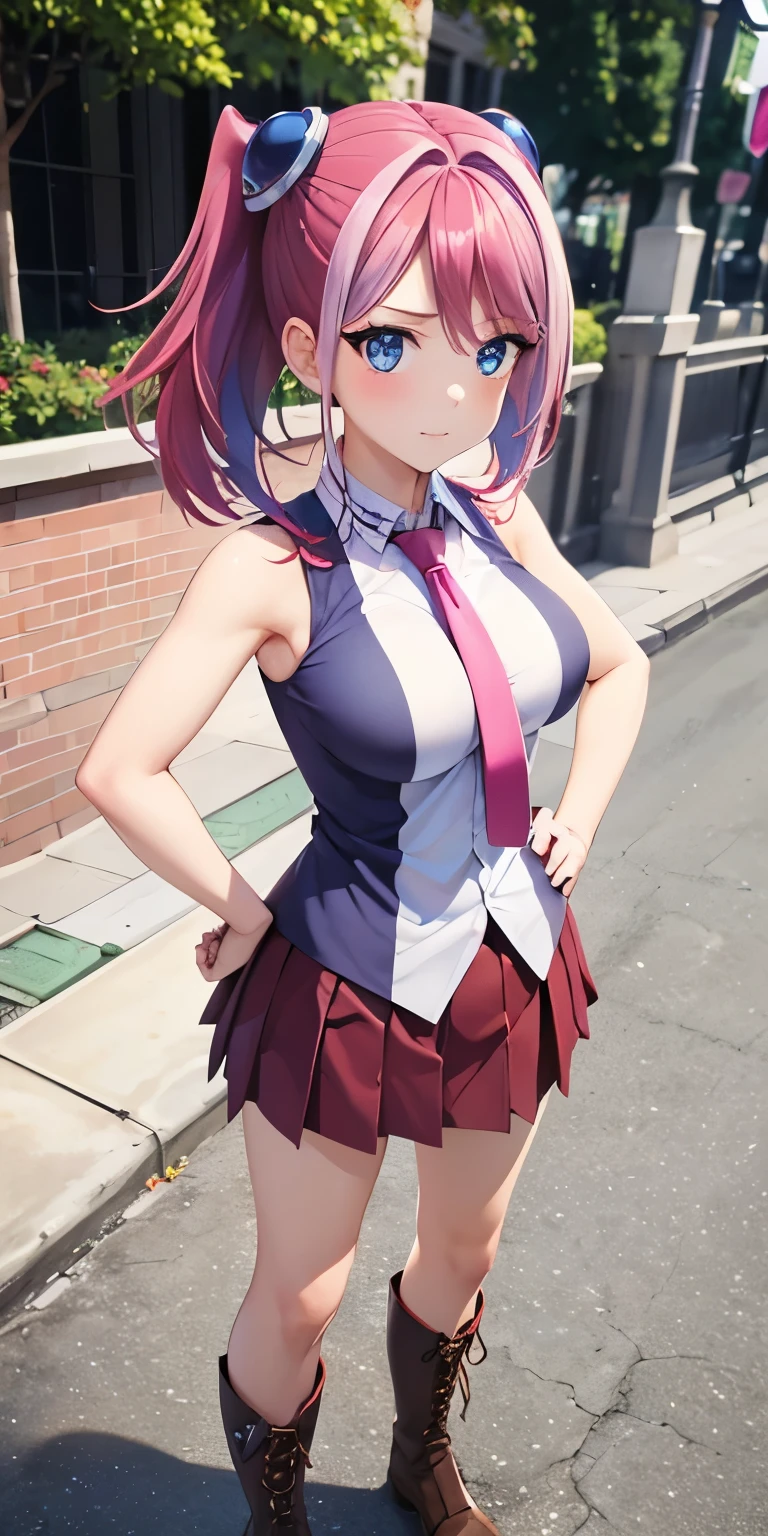 1 Female,High definition,high resolution,Ultra-realistic,8K, hy1, hair ornament, multicolored hair, blue eyes, necktie, skirt, tight skirt,miniskirt,sleeveless ,brown boots, medium breasts,European,sexy,Upper body close-up,Photographed from the front,Dynamic Angles,blush, medium tits,(full body), Multicolored hair , perfect face,detailed face, perfect face,8k,(hands on hips)