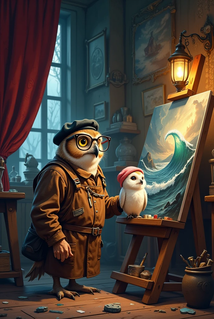 Illustration, "Owl Artist in glasses, velvet beret and worn leather apron with super cute white owl in pink hat at wooden easel in dimly lit, cluttered studio, brushes and half-finished canvases in various stages of creative disarray. His latest masterpiece, stormy seascape by Garmash Yu. The studio, with its worn wooden floor and faded crimson velvet curtains, is lit only by the faint warm light coming from an antique lantern standing nearby. Long, sinuous shadows cast intricate patterns on the walls of the room, reminiscent of Schaller's watercolors. The overall atmosphere is one of cozy creative chaos, through which Afremov's bold, expressive colors shine through: 1.5;