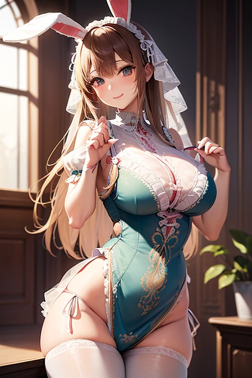 8k、 Best Quality 、  Maximum Clarity  、   very detailed 、Beautiful art、   very detailed、  biologically correct body  、  gentle smile、Maternal、Erotic face、See-through skin 、Large Breasts、(((  Lace Panties with Luxurious Ruffles and Delicate Embroideries)))、pantyhose、Dirndl、Bunny ears