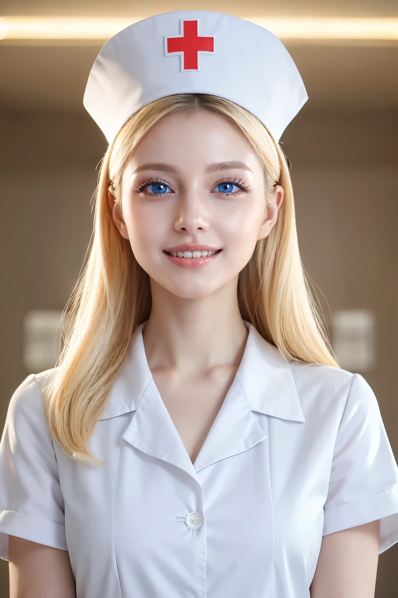 (Best Quality、 table top covering the upper arm 、Best Quality、Award-winning works)、(1 nurse:1.3)、( Beautiful mature Russian beauty :1.3)、( mature 40 year old russian mature :1.2)、、( perfect pure white nurse coat :1.3)、 perfect nurse hat 、 perfect portrait photo 、 Glowing Skin 、 Standing elegantly、( Pain々Screaming with a nice expression :1.2)、( white hospital room background :1.1)、( hospital room background is strongly blurry :1.2)、Glowing White Skin、 Very white skin 、smile、( Perfect and beautiful teeth alignment :1.3)、 tyndall effect、( very bright white light :1.2)、 perfect beautiful face 、( ultra high definition beautiful shiny blonde :1.2)