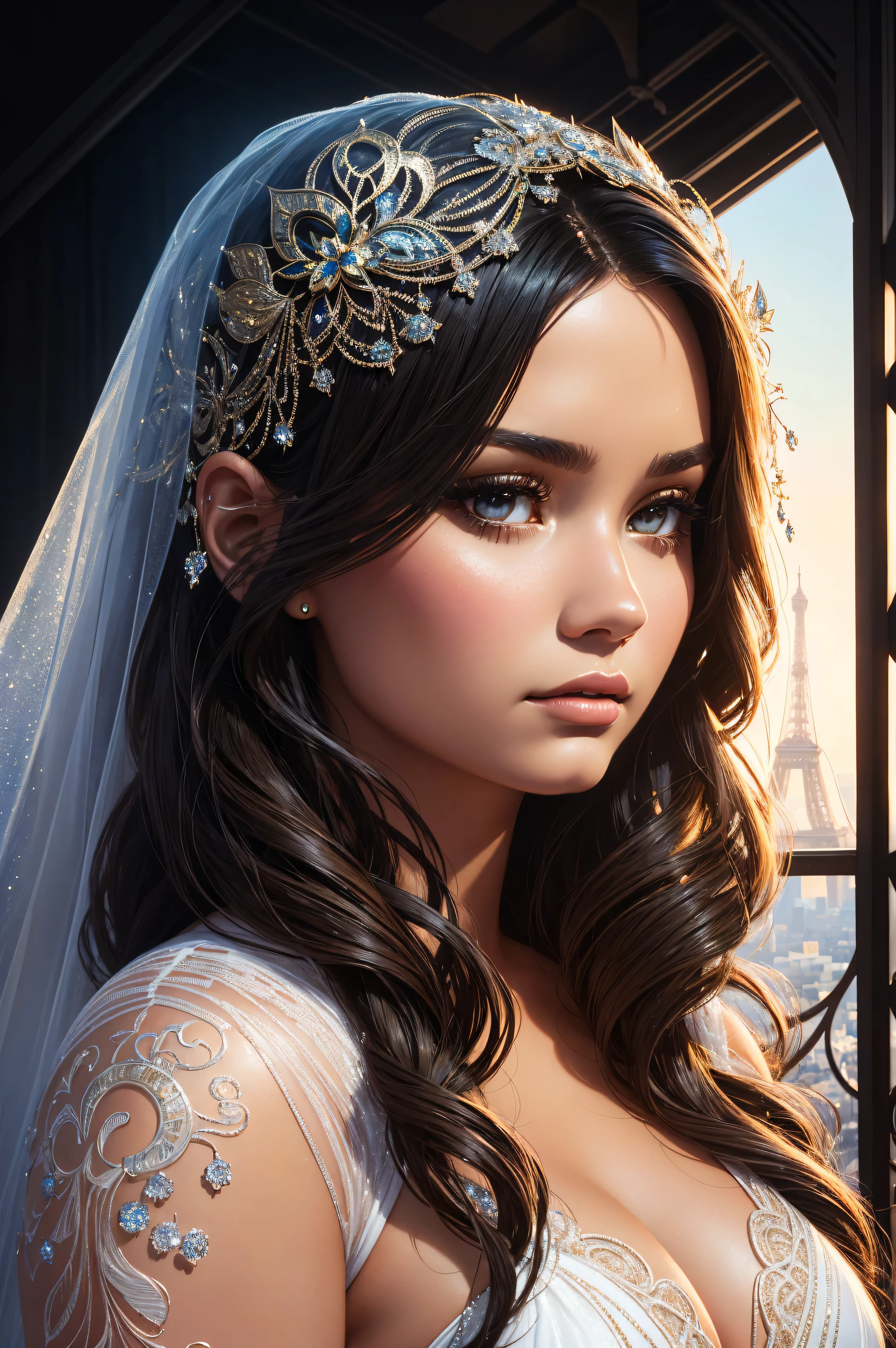 portrait Rosie Huntington Whiteley, wearing sexy veil bride outfit, against the background of the Eiffel Tower, 9 9 9 9 s, curly hair, intricate, elegant, highly detailed, digital painting, artstation, concept art, smooth, sharp focus, illustration, art by thomas kindkade, charlie bowater, artgerm, greg rutkowski, alphonse mucha and alexandra fomina, 36k, glittering, shining