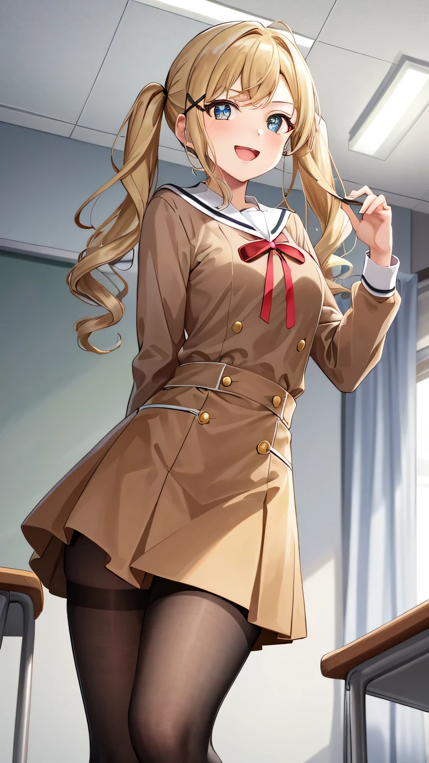 {{{masterpiece}}}, (best quality:1.5), (ultra-detailed:1.5), {illustration}, {{an extremely delicate and beautiful}}, (beautiful detailed eyes:1.6), absurdres, highres, extremely detailed face, 16k, hd, visual anime de uma jovem mulher, extremamente bonito rosto de anime, anime melhor garota, (perfect hands, perfect anatomy), anime face, Arisa Ichigaya(BanG Dream!), 1girl, solo, cute face, long hair, blonde hair, twintails, bangs, x hair ornament, (brown eyes:1.4), medium breasts, thin waist, big hips, curvaceous, BREAK, {school uniform}, {Hanasakigawa Girls' Academy High School Uniform(Winter clothes)}, neck ribbon, red ribbon, brown dress, white sailor collar, brown shirt, double-breasted, long sleeves, mini skirt, black pantyhose, loafers, brown footwear, thighs, zettai ryouiki, BREAK,1girl, cowboy shot, open mouth, kyoushitsu, classroom, indoors, school chair, school desk, chalkboard, window, ceiling light, curtains, smiling, peer in from below, looking at viewer, daytime, flushed cheeks